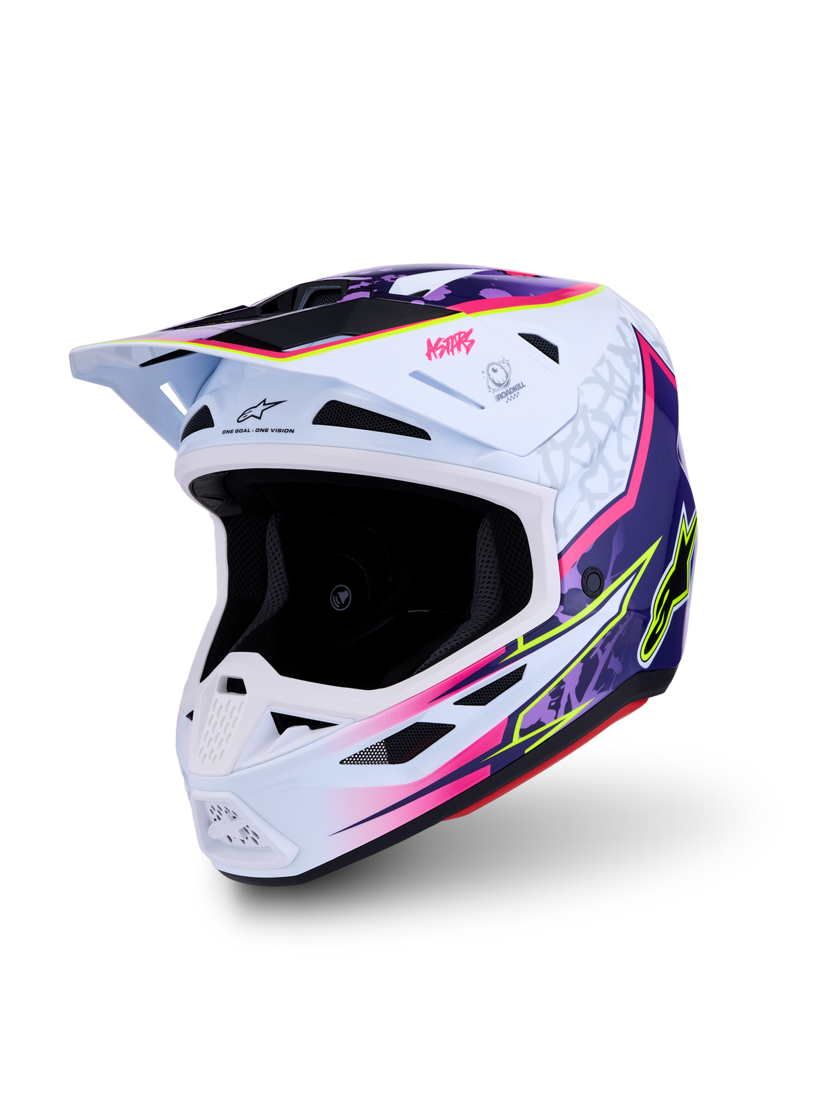 Alpinestars S-M7 Blaster hjälm ECE06, motocrosshjälm för terrängkörning, vit, lila och rosa med neongula detaljer, aerodynamisk kompositkonstruktion, ECE 22.06-certifierad