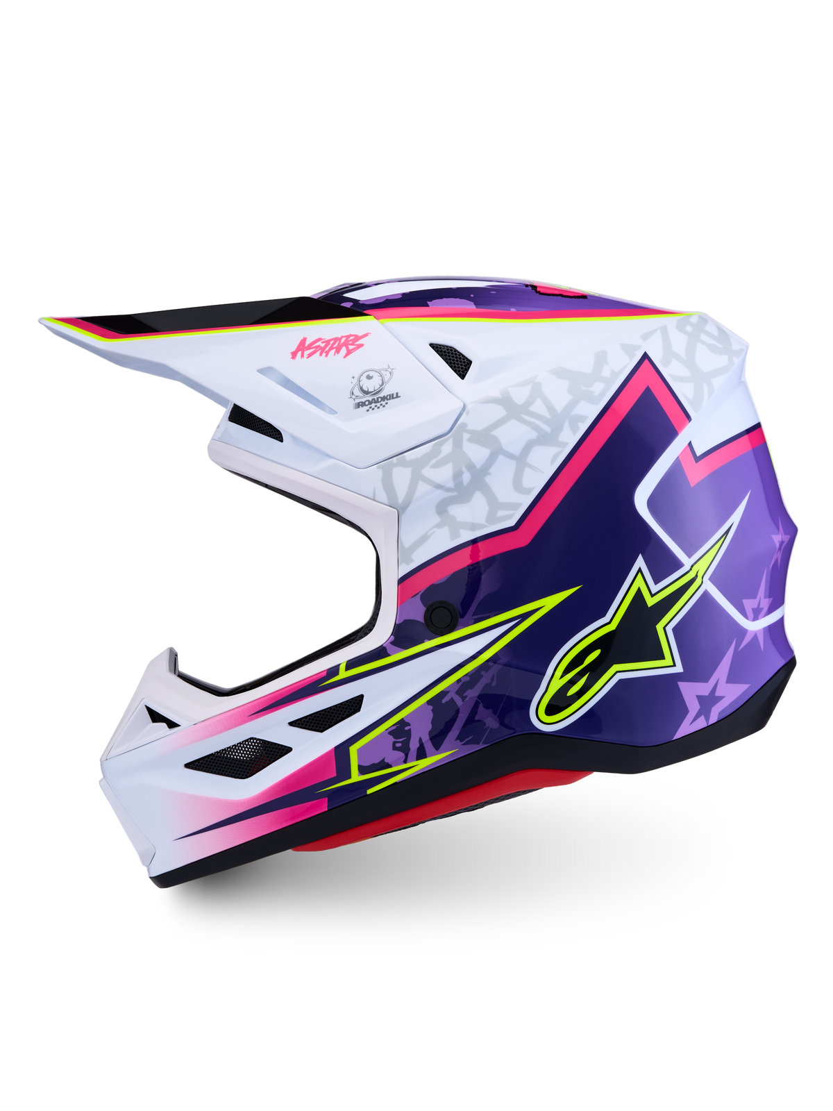 Alpinestars S-M7 Blaster hjälm ECE06, lila och rosa motocrosshjälm i vitt kompositskal, ECE 22.06-certifierad.