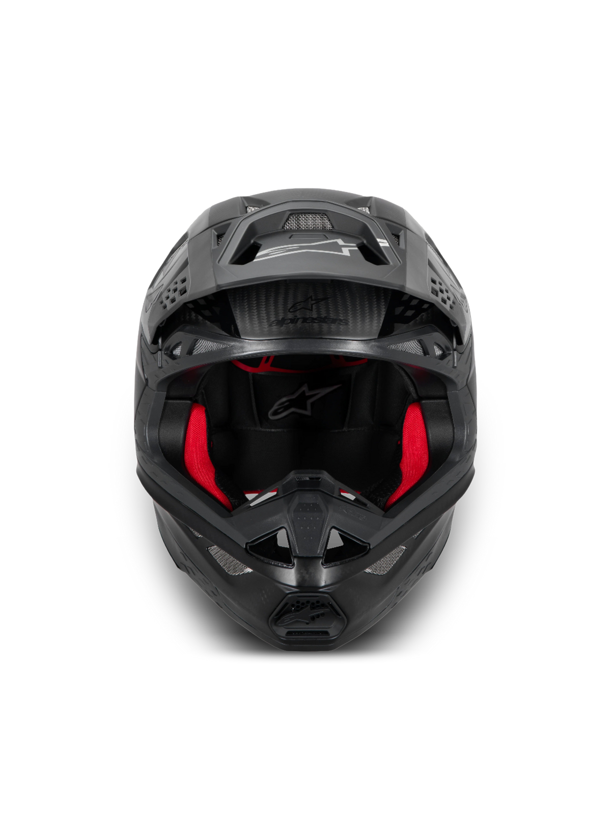 Alpinestars Supertech M10 Fame hjälm, svart motocrosshjälm i kolfiber med rött foder, ECE 22.06-certifierad