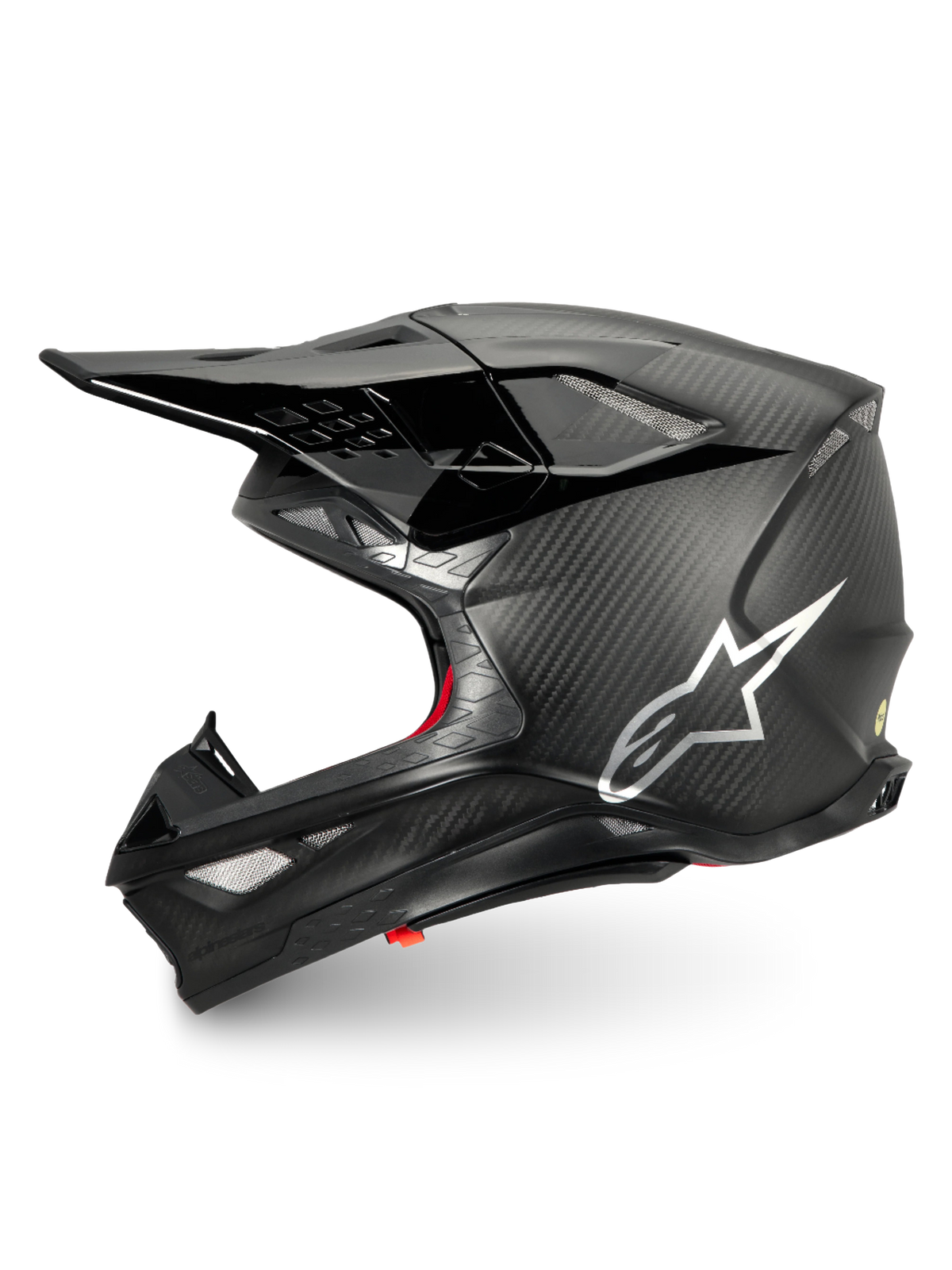 Alpinestars Supertech M10 Fame hjälm, svart motocrosshjälm i kolfiber med silverlogotyp, ECE 22.06-certifierad.