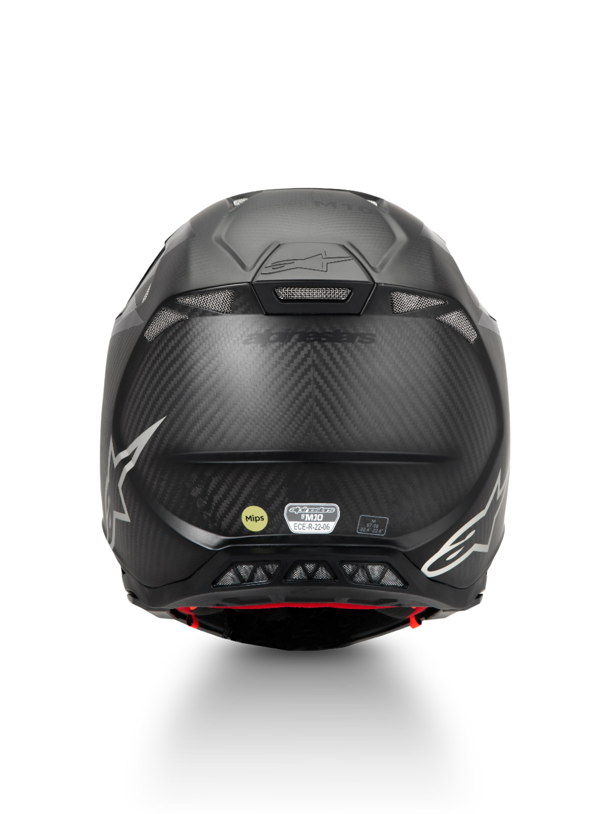 Alpinestars Supertech M10 Fame hjälm, motocrosshjälm i matt svart kolfiber med MIPS-skydd och ECE 22.06, baksida.