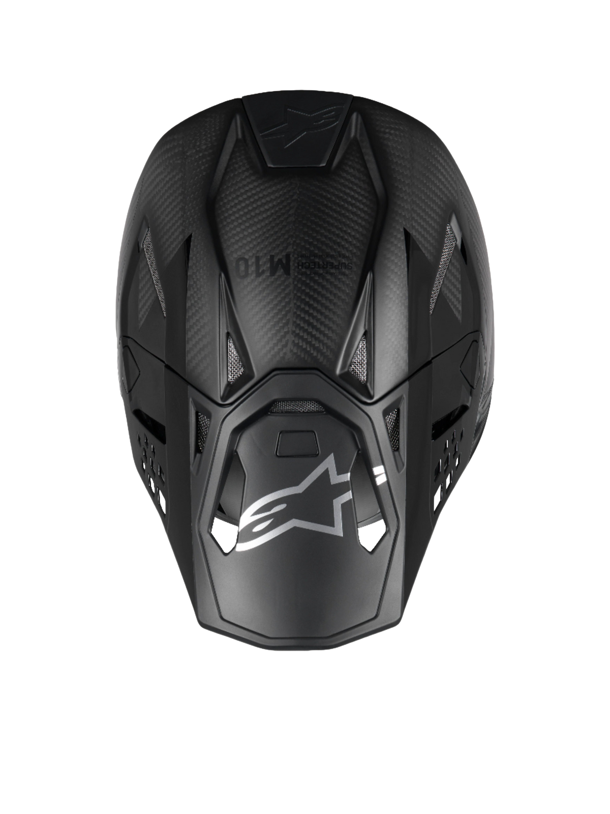 Alpinestars Supertech M10 Fame motocrosshjälm sedd uppifrån i svart matt och glansig 3K-kolfiber, ECE 22.06-certifierad.