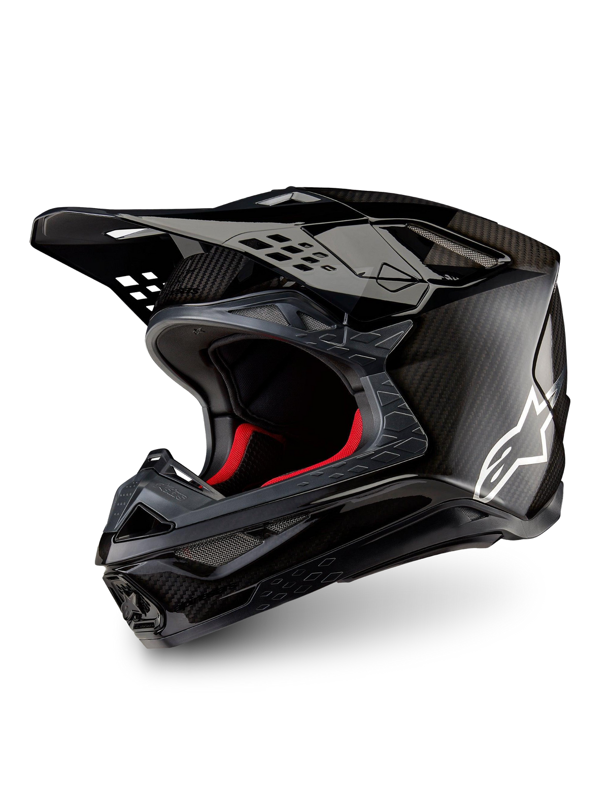 Alpinestars Supertech M10 Fame motocrosshjälm i matt och glansig svart kolfiber med vit logotyp, CE-certifierad.