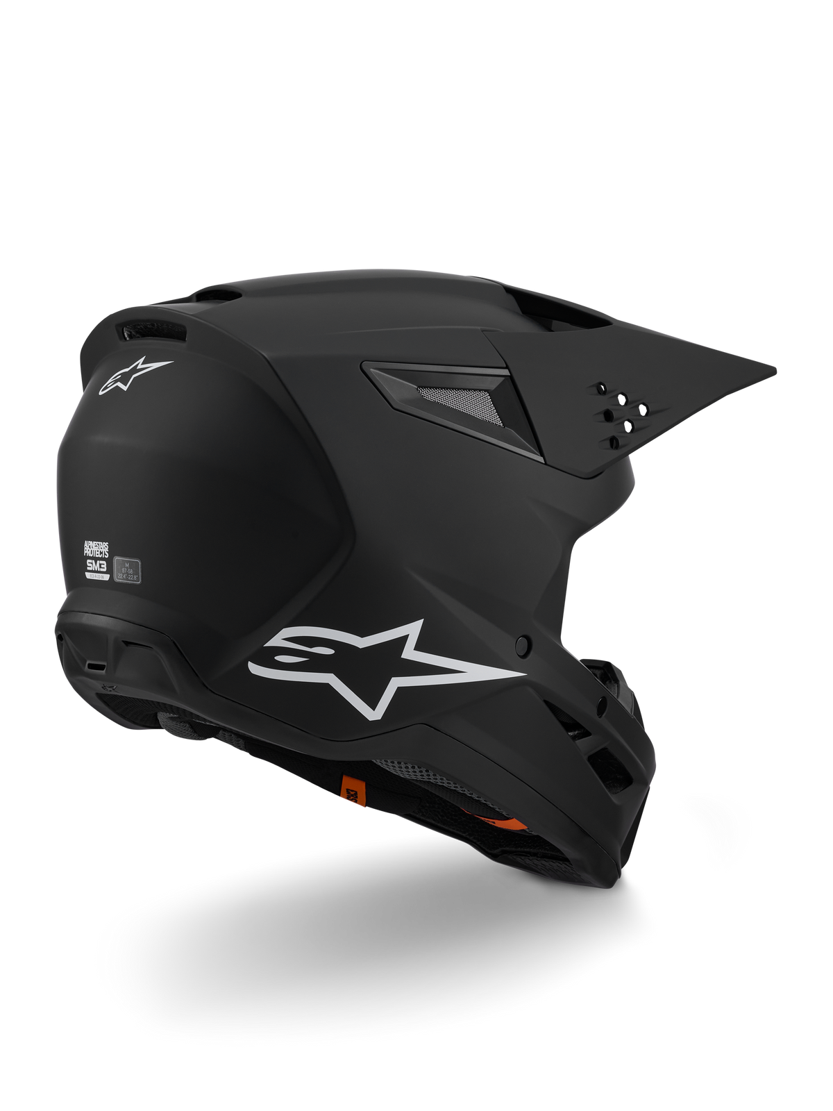Alpinestars S-M3 Solid-hjälm ECE 22.06, motocrosshjälm, mattsvart med vit Alpinestars-logotyp på sidan och baksidan, aerodynamiskt skal med integrerade ventilationsöppningar och snabbkopplingsvisir, designad för prestanda vid terrängkörning