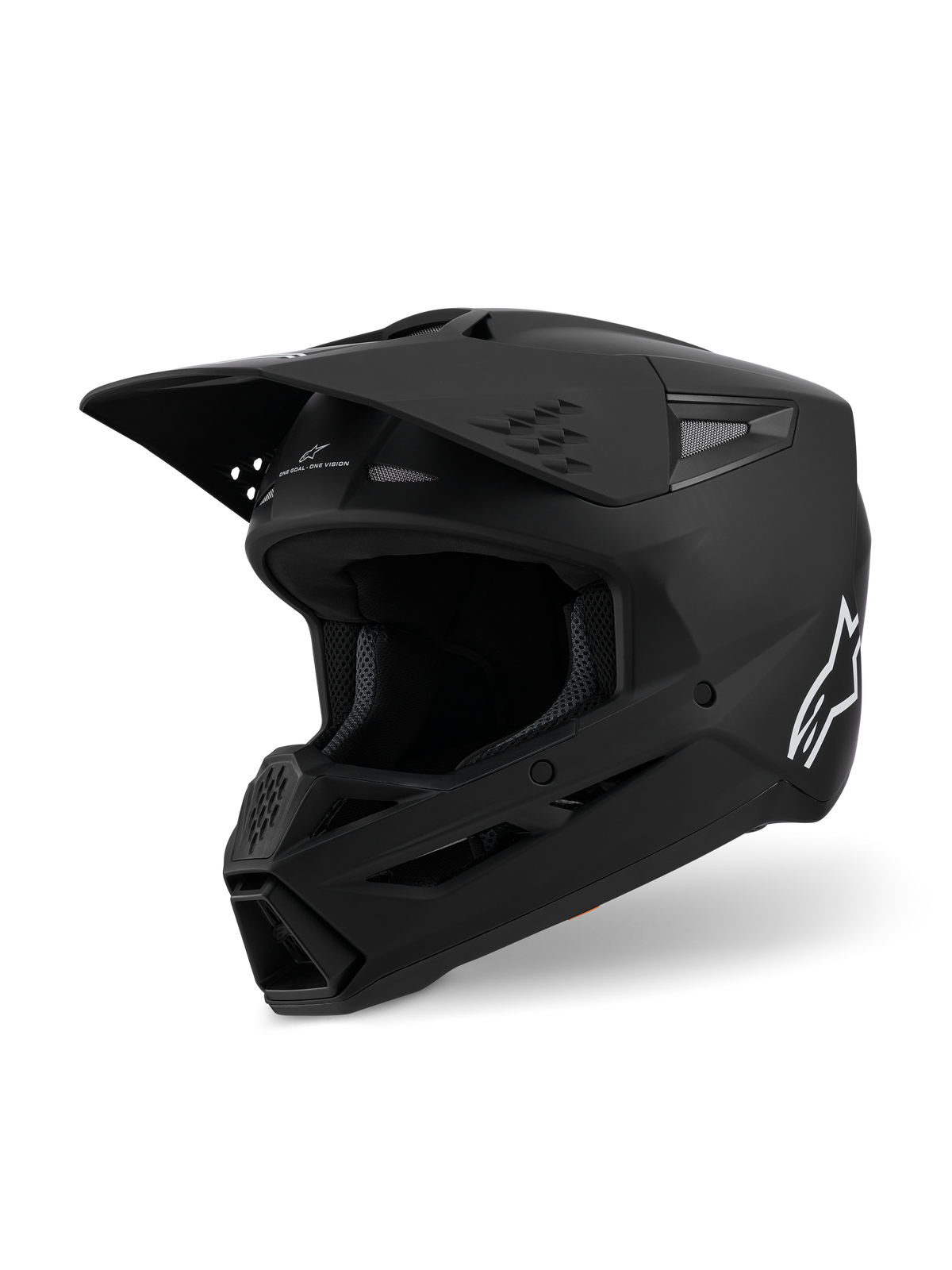 Alpinestars S-M3 Solid-hjälm ECE 22.06, motocrosshjälm, mattsvart, trekvartsvy från sidan med ett stort visir och luftintag, strömlinjeformat aerodynamiskt skal med en vit Alpinestars-logotyp, professionell racingutrustning för terrängkörning