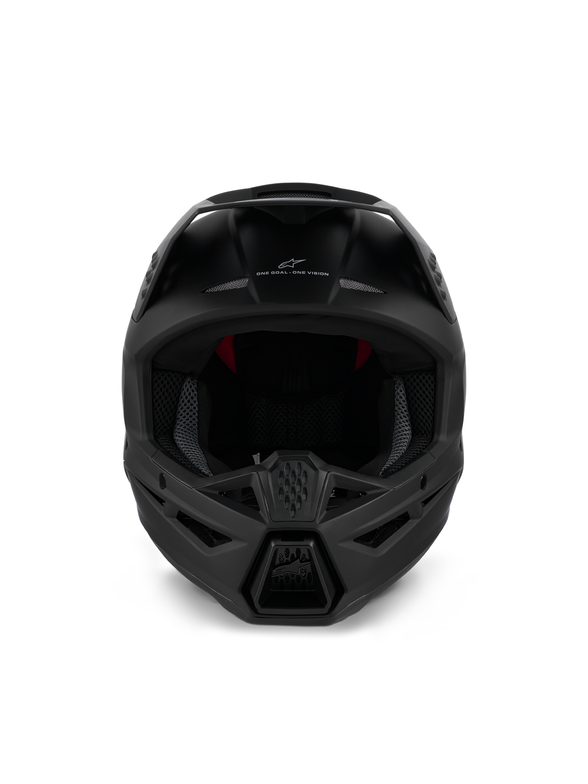 Alpinestars S-M3 Solid-hjälm ECE 22.06, motocrosshjälm, mattsvart, vy framifrån som visar aggressiv ventilation på hakskyddet och 'ONE GOAL - ONE VISION'-branding, stilren design för terrängkörning