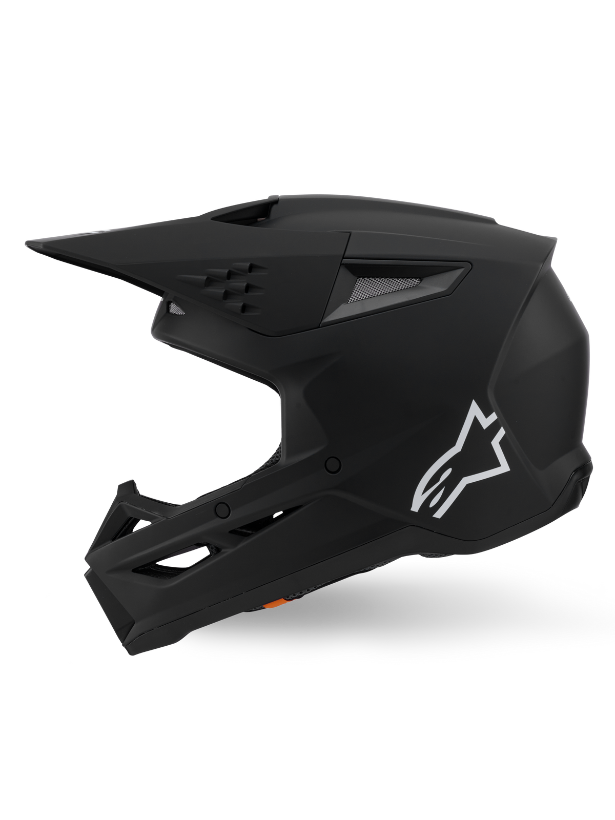 Alpinestars S-M3 Solid-hjälm ECE 22.06, motocrosshjälm, mattsvart, sidoprofil med en vit Astars-logotyp, vinklad skaldesign med integrerade ventilationsportar och skyddande visir, prestandautrustning för terrängkörning