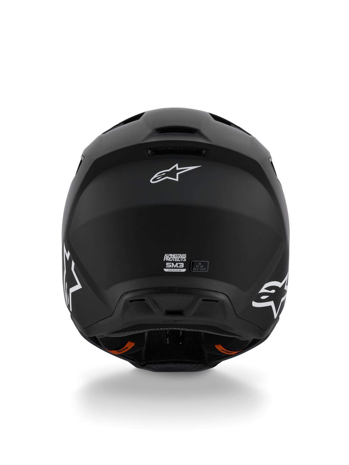 Alpinestars S-M3 Solid-hjälm ECE 22.06, motocrosshjälm, mattsvart, baksida som visar vita Alpinestars Astar-logotyper, ventilationsutlopp vid basen, elegant matt finish för terrängkörning