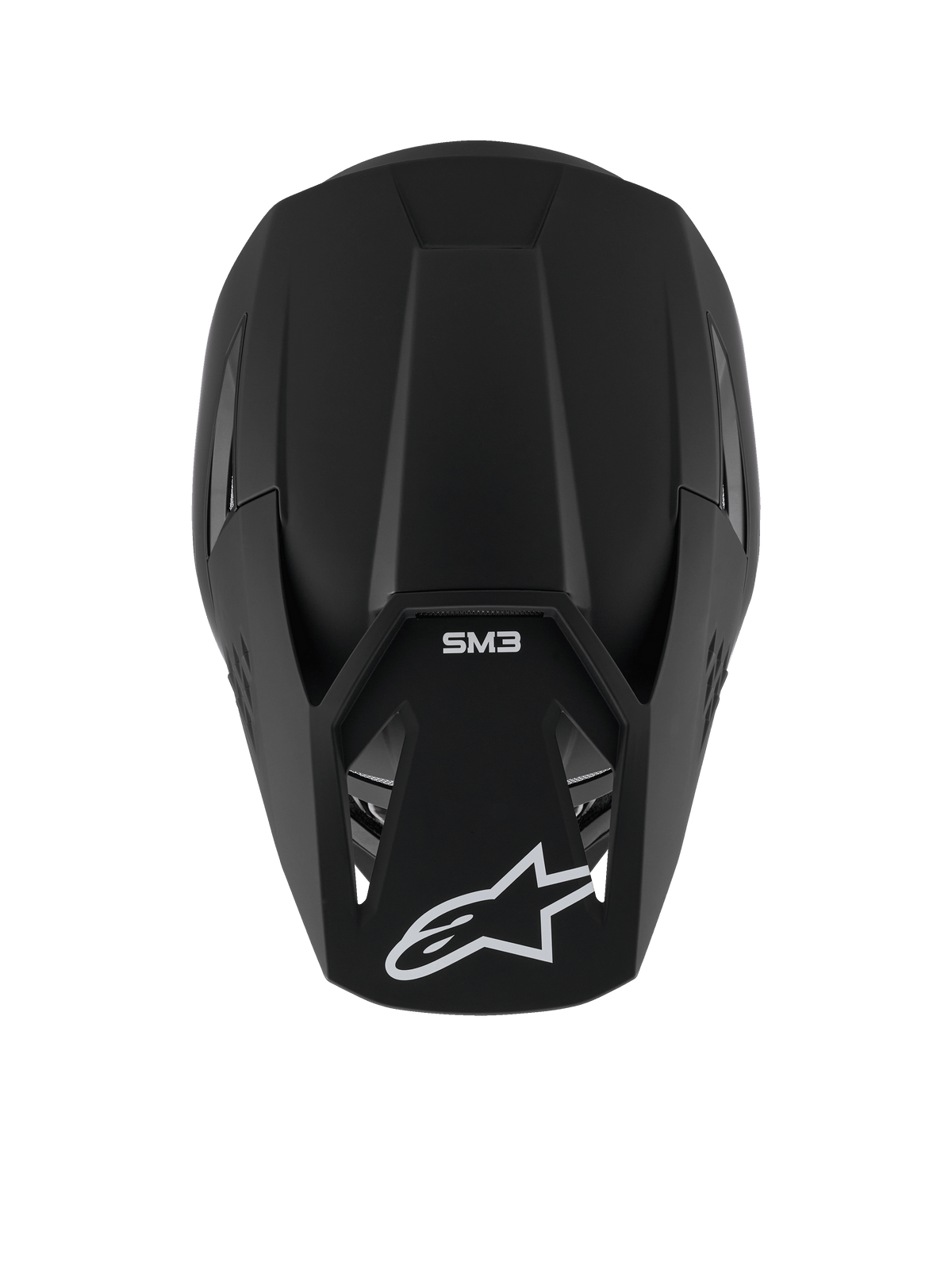 Alpinestars S-M3 Solid hjälm, motocrosshjälm, mattsvart, vy uppifrån som visar matt textur och aerodynamiskt skal, med vit Alpinestars-stjärnlogotyp på skärmen och SM3-märkning, premium huvudskydd för terrängkörning