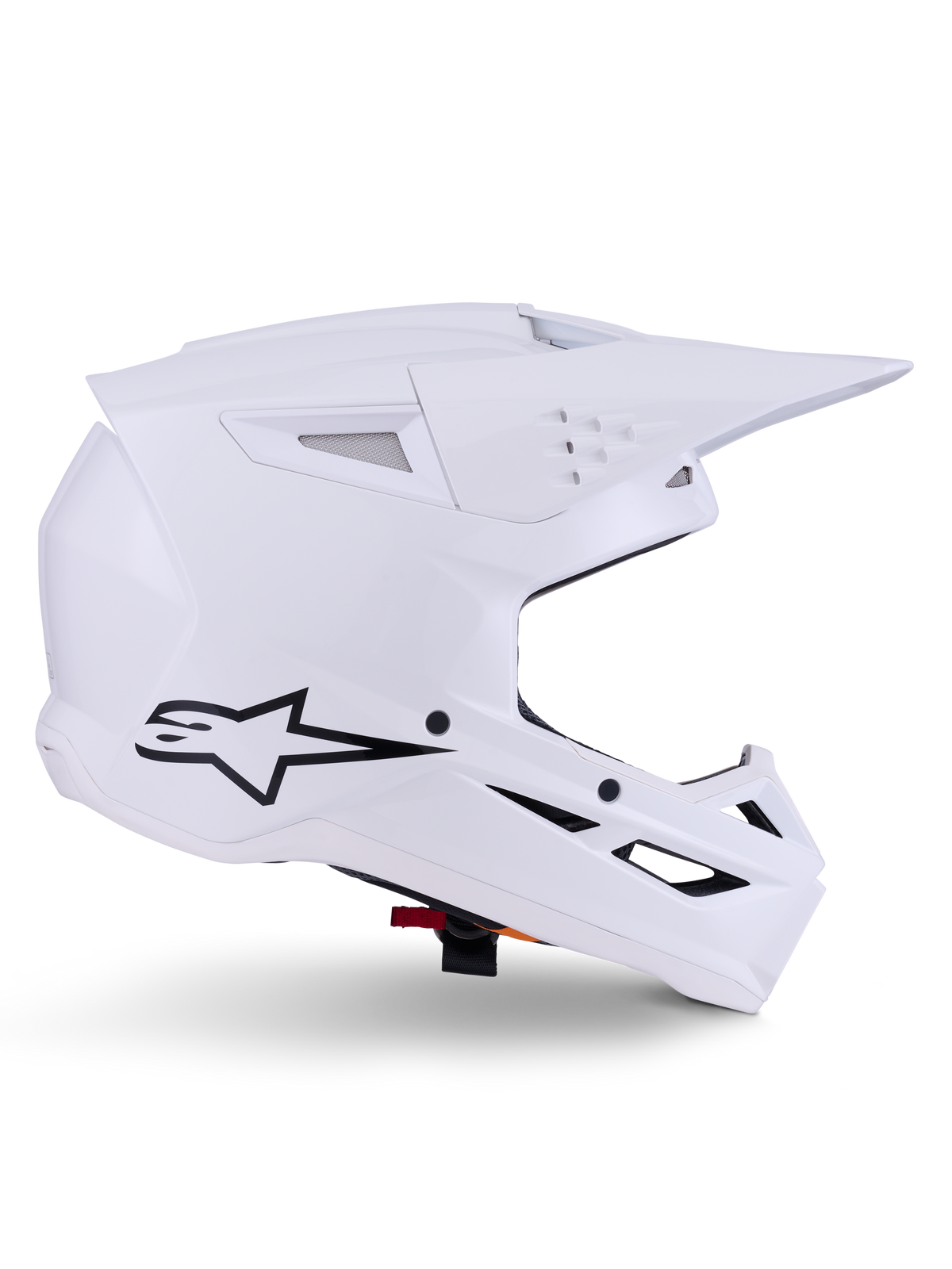Alpinestars S-M3 Solid Helmet, Motocross Helmet, Glossy White, side profile view with black star logo, angular aerodynamic shell, multiple ventilation ports, integrated visor and chin guard, off-road racing protection