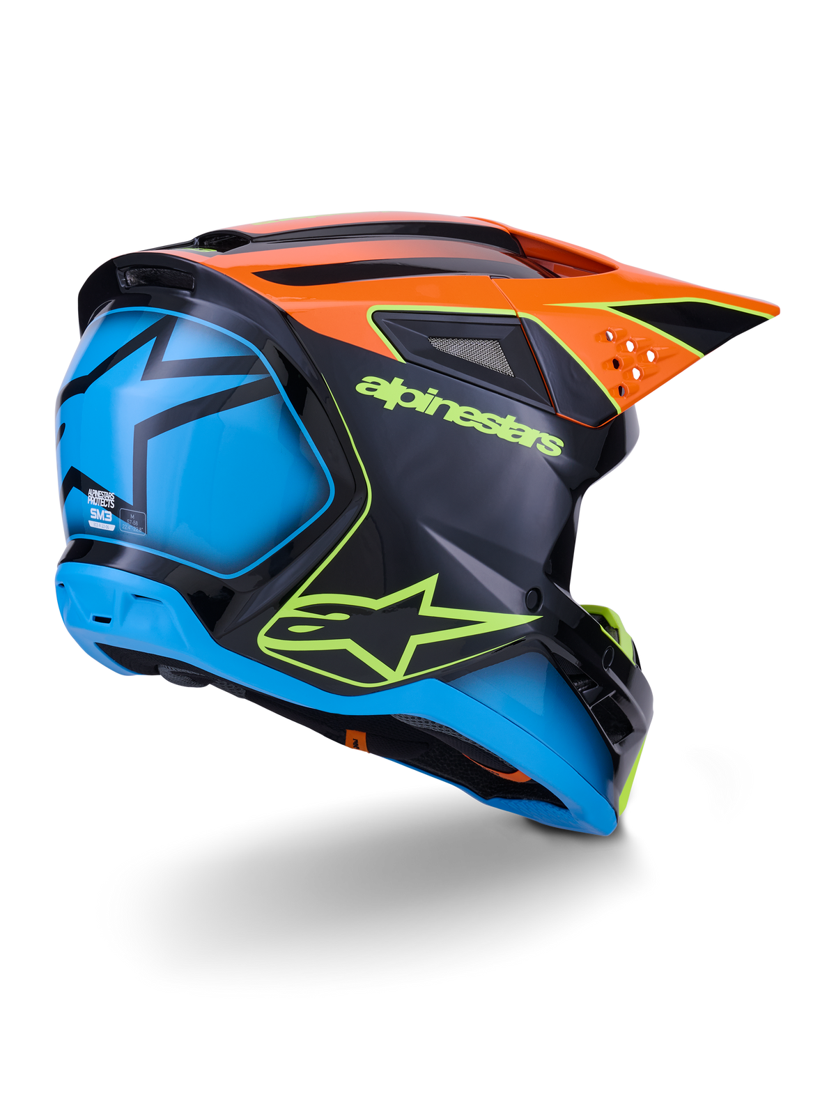 Alpinestars S-M3 Fray-hjälm ECE 22.06, motocrosshjälm, svart med orangea och blå paneler, med neongul Alpinestars-logotyp, stor blå baksektion med stjärngrafik, orange visir med integrerade ventiler, professionell skyddsutrustning för terrängkörning