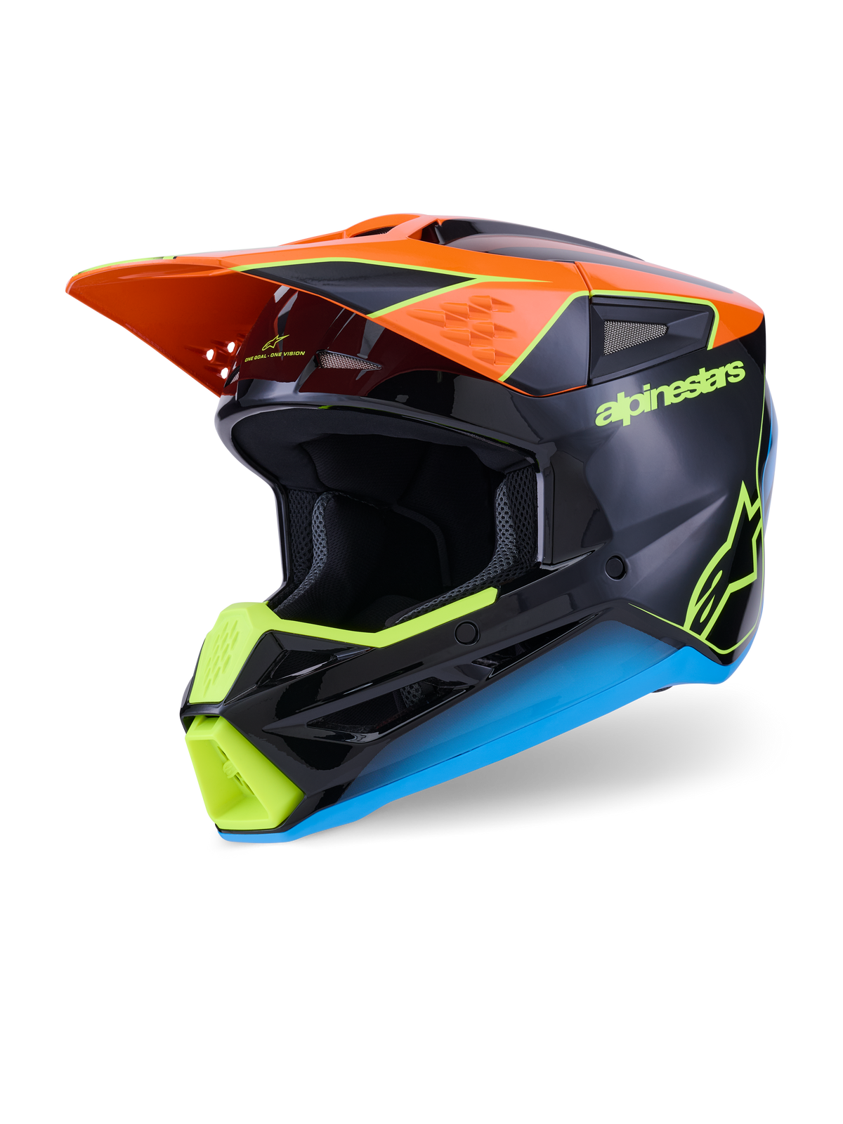 Alpinestars S-M3 Fray-hjälm, motocrosshjälm, svart med orange, neongula och blå detaljer, trekvartsvy som visar det aerodynamiska termosprutade skalet och skyddande visir för terrängkörning