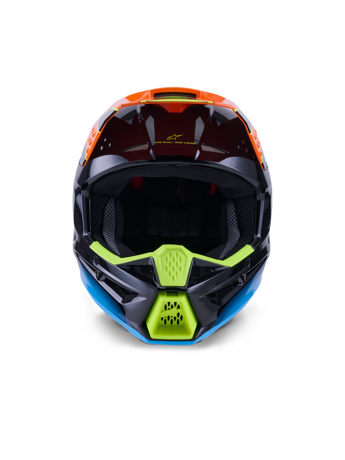 Alpinestars S-M3 Fray-hjälm ECE 22.06, motocrosshjälm, svart, orange och neongul, vy framifrån som visar en aggressiv design på hakskyddet med nätventiler, bred öppning för goggles och en strömlinjeformad aerodynamisk profil för terrängkörning.