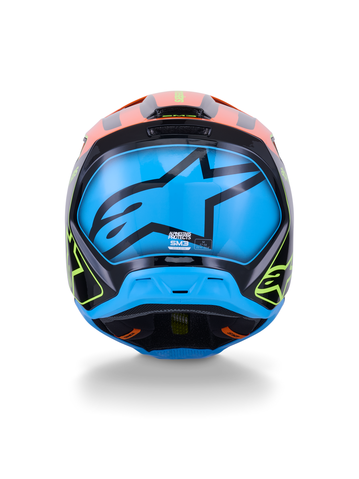 Alpinestars S-M3 Fray hjälm ECE 22.06, motocrosshjälm, bakifrån, svart med livfulla orangea och neongula detaljer, stor blå panel med en svart Alpinestars-stjärnlogotyp, skydd för terrängkörning