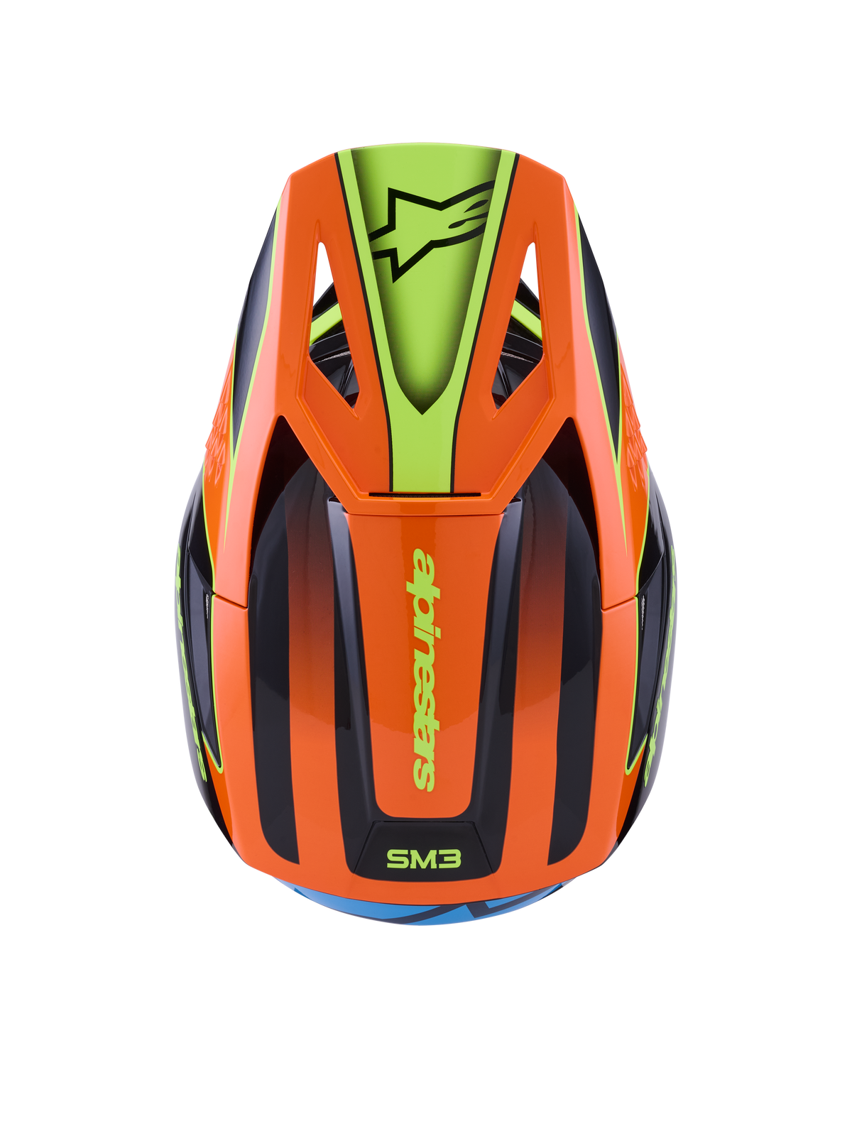 Alpinestars S-M3 Fray hjälm, motocrosshjälm, orange och fluorescerande gul med svarta detaljer, vy ovanifrån som visar det aerodynamiska skalet och skärmen med Alpinestars-logotyp, livfull grafisk design för terrängkörning