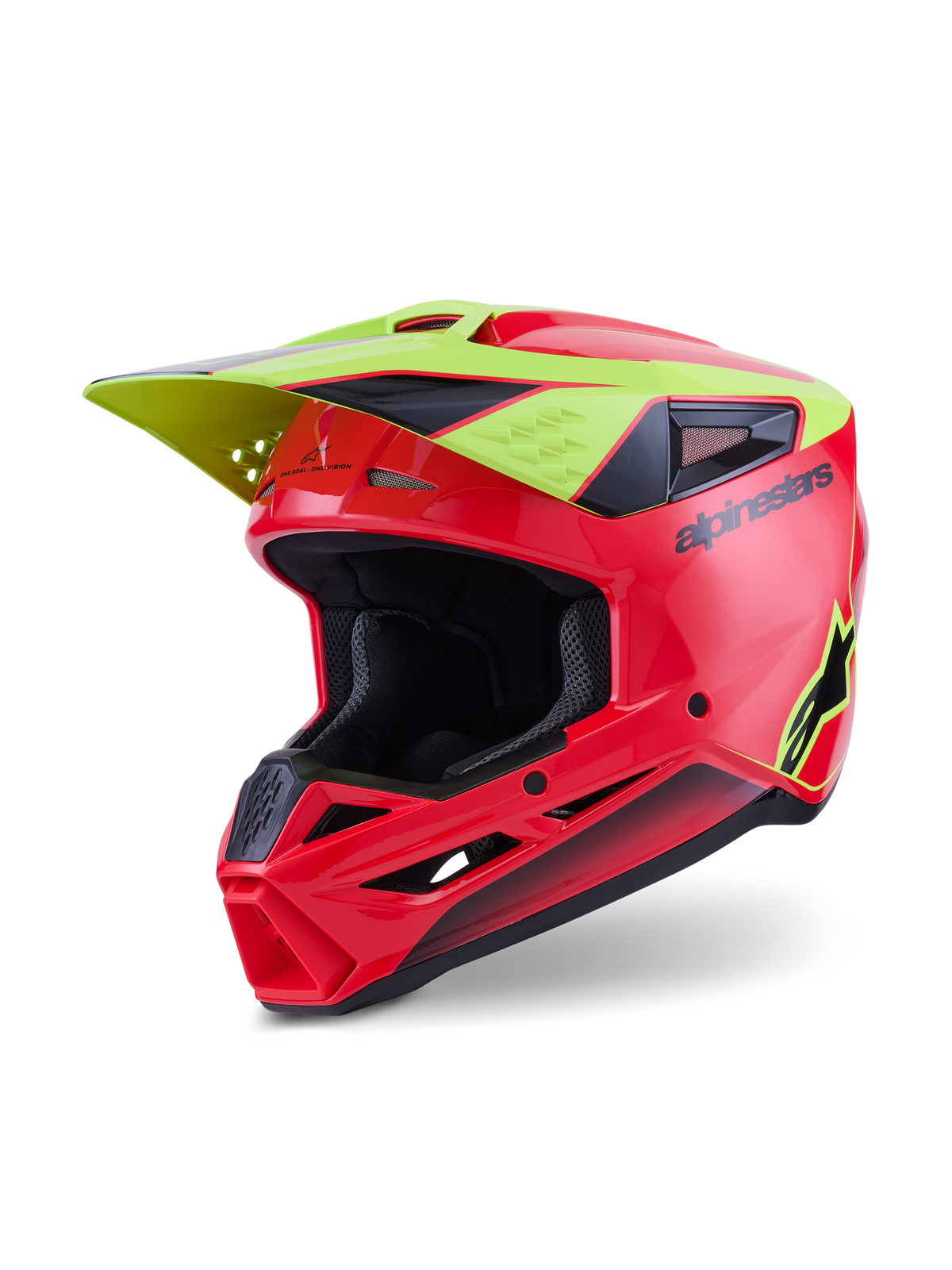 Alpinestars S-M3 Fray-hjälm ECE 22.06, motocrosshjälm, röd, fluogul och svart blank finish, med ett aerodynamiskt skal med ventilationsöppningar, integrerad gul skärm, svart Alpinestars-ordmärke och stjärnlogotyp, blank yta för terrängkörning