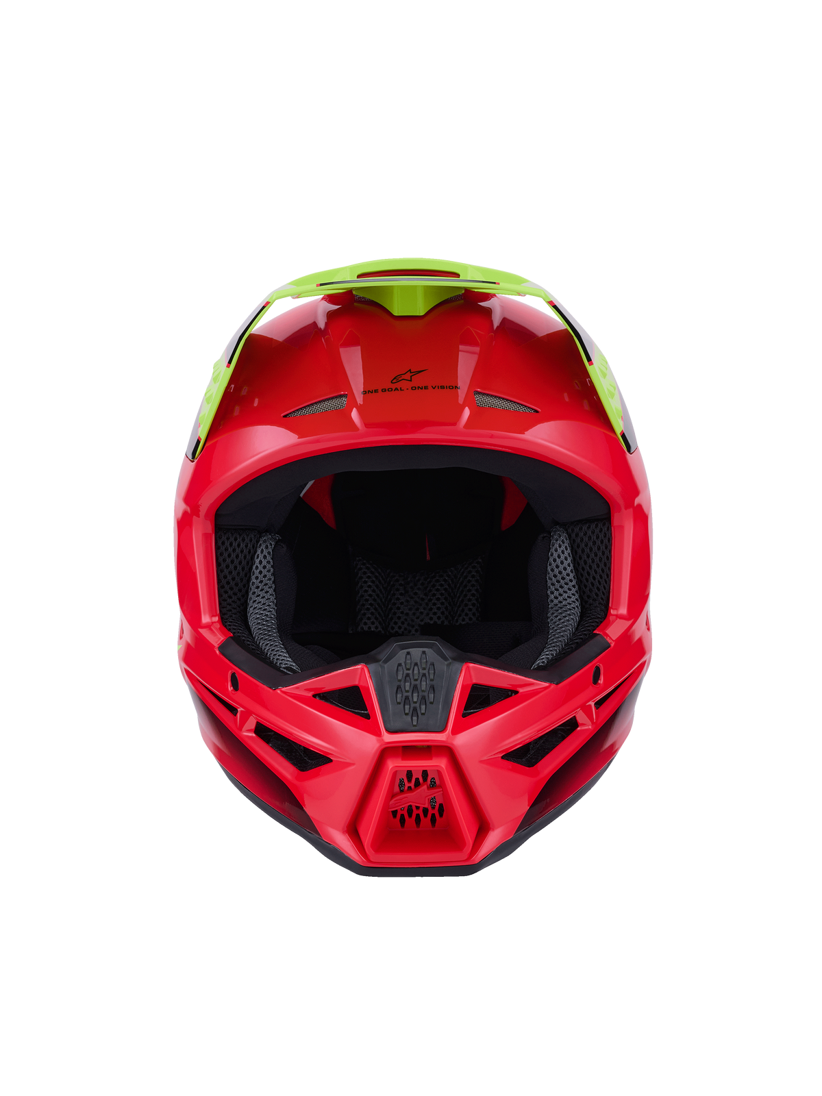 Alpinestars S-M3 Fray hjälm ECE 22.06, motocrosshjälm, röd och neongul, frontvy med glansig finish, flera ventilationsöppningar och ett framträdande visir, högpresterande skyddsutrustning för terrängkörning