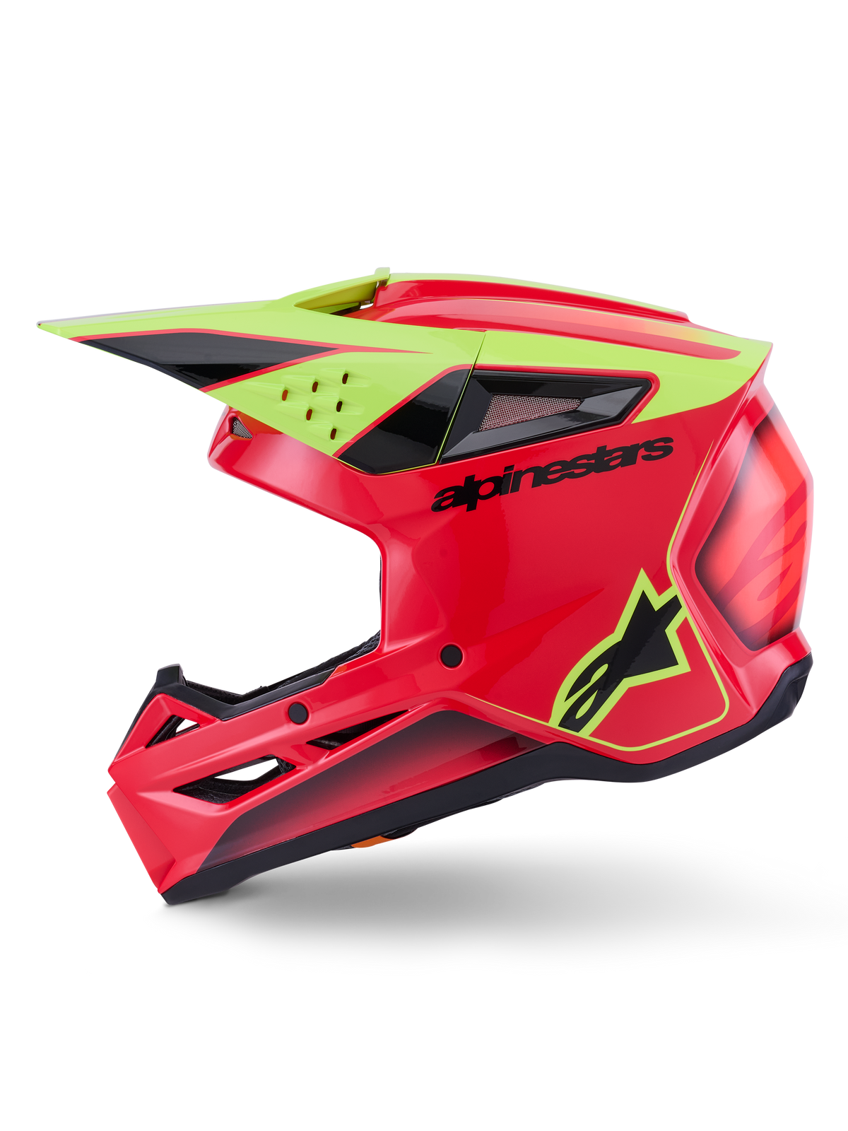 Alpinestars S-M3 Fray-hjälm ECE 22.06, motocrosshjälm, röd, fluorescerande gul och glansig svart, sidoprofil, aerodynamiskt termoinsprutat skal med flera ventilationsöppningar, svart Alpinestars-logotyp och fluorescerande gul stjärnlogotyp, högpresterande huvudskydd för terrängkörning
