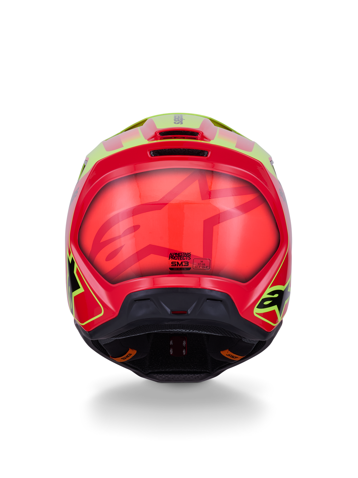 Alpinestars S-M3 Fray-hjälm ECE 22.06, motocrosshjälm, röd, neongul och blank svart, vy bakifrån med blankt aerodynamiskt skal, framträdande röd och fluorescerande gul grafik, integrerade ventilationsportar och säkerhetscertifieringsmärkning