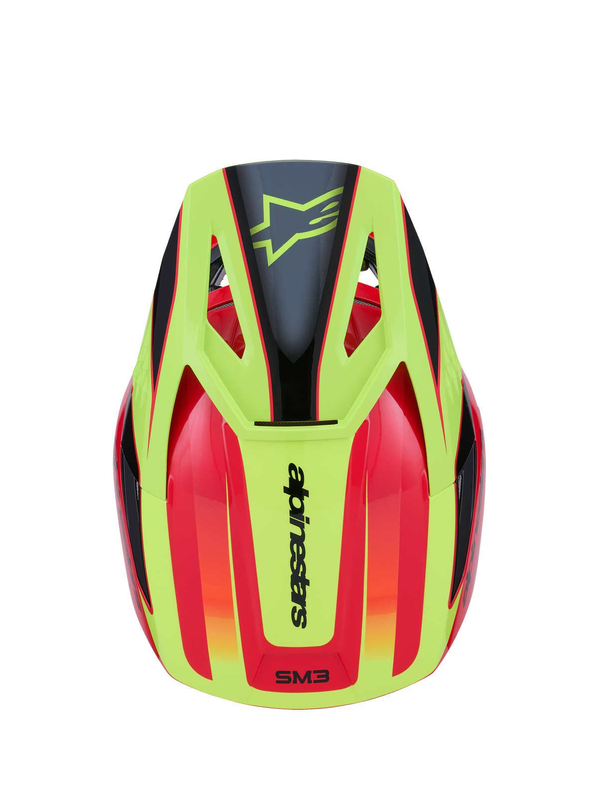 Alpinestars S-M3 Fray-hjälm, motocrosshjälm, röd, fluogul och blank svart, vy uppifrån med livfull grafisk design, svart stjärnlogotyp på den gula skärmen och Alpinestars-logotyp på baksidan