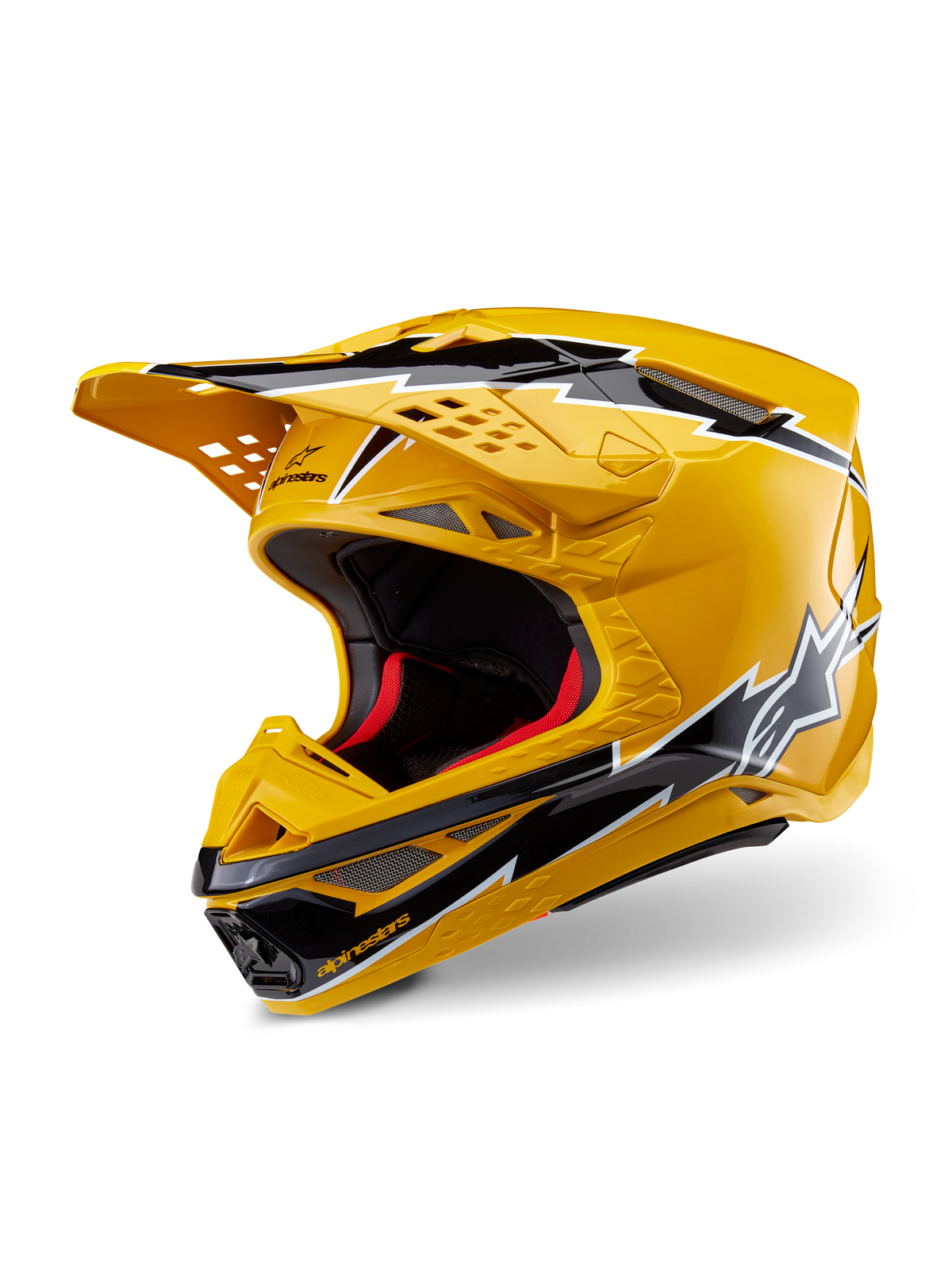 Alpinestars Supertech M10 Ampress hjälm, motocrosshjälm, gul och svart glansig, med blixtgrafik, ventilerad skärm och aerodynamisk design, högpresterande skydd för terrängkörning