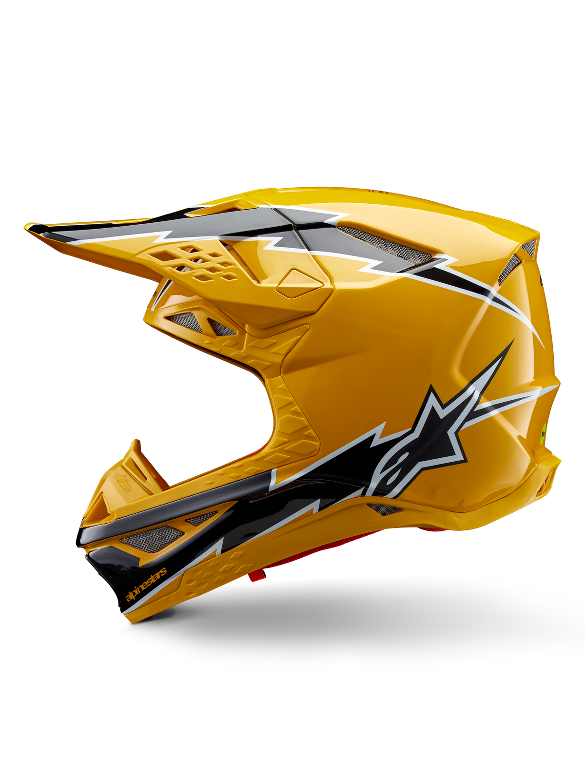 Alpinestars Supertech M10 Ampress-hjälm, motocrosshjälm, glansig gul med svart och vit grafik, sidovy med djärv vinklad design, Alpinestars stjärnlogotyp och flera ventilationsöppningar med silvernät, professionell racingutrustning för terräng
