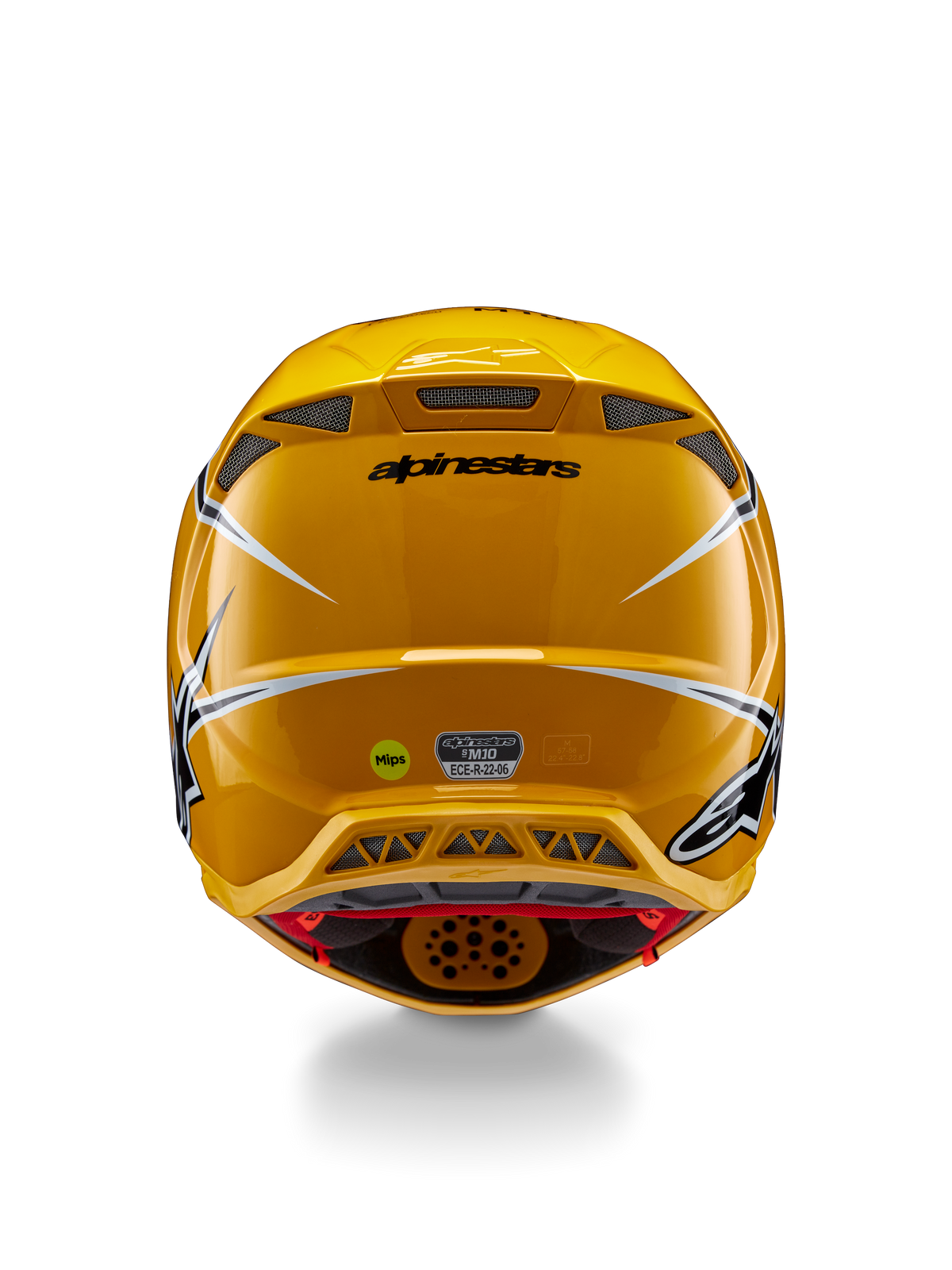 Alpinestars Supertech M10 Ampress-hjälm, vy bakifrån, glansig gul med svarta och vita detaljer, med bakre ventilationsöppningar, MIPS- och ECE 22.06-dekaler, professionellt huvudskydd för motocross