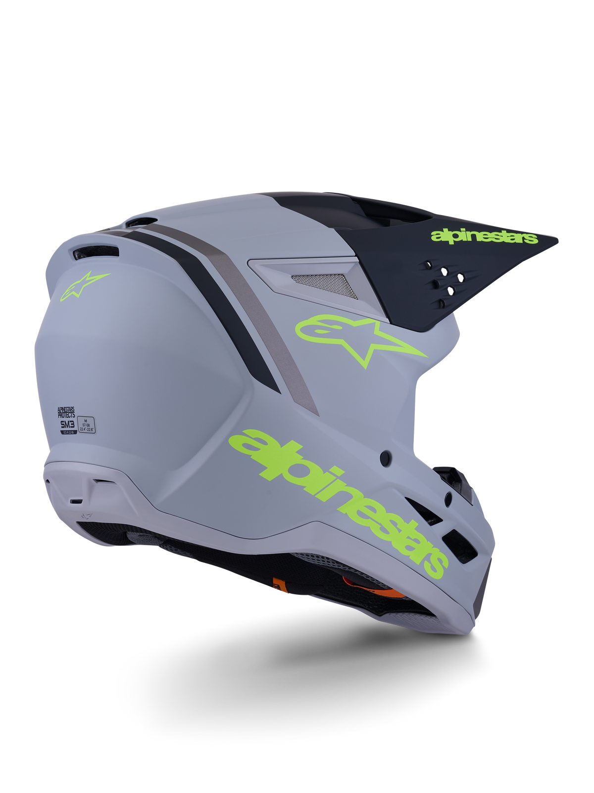 Alpinestars S-M3 Radium hjälm, motocrosshjälm, grå, svart och matt neongul, fullface-design med vinklat skal, framträdande visir och ventilationsöppningar, matt finish med kraftfull grafik