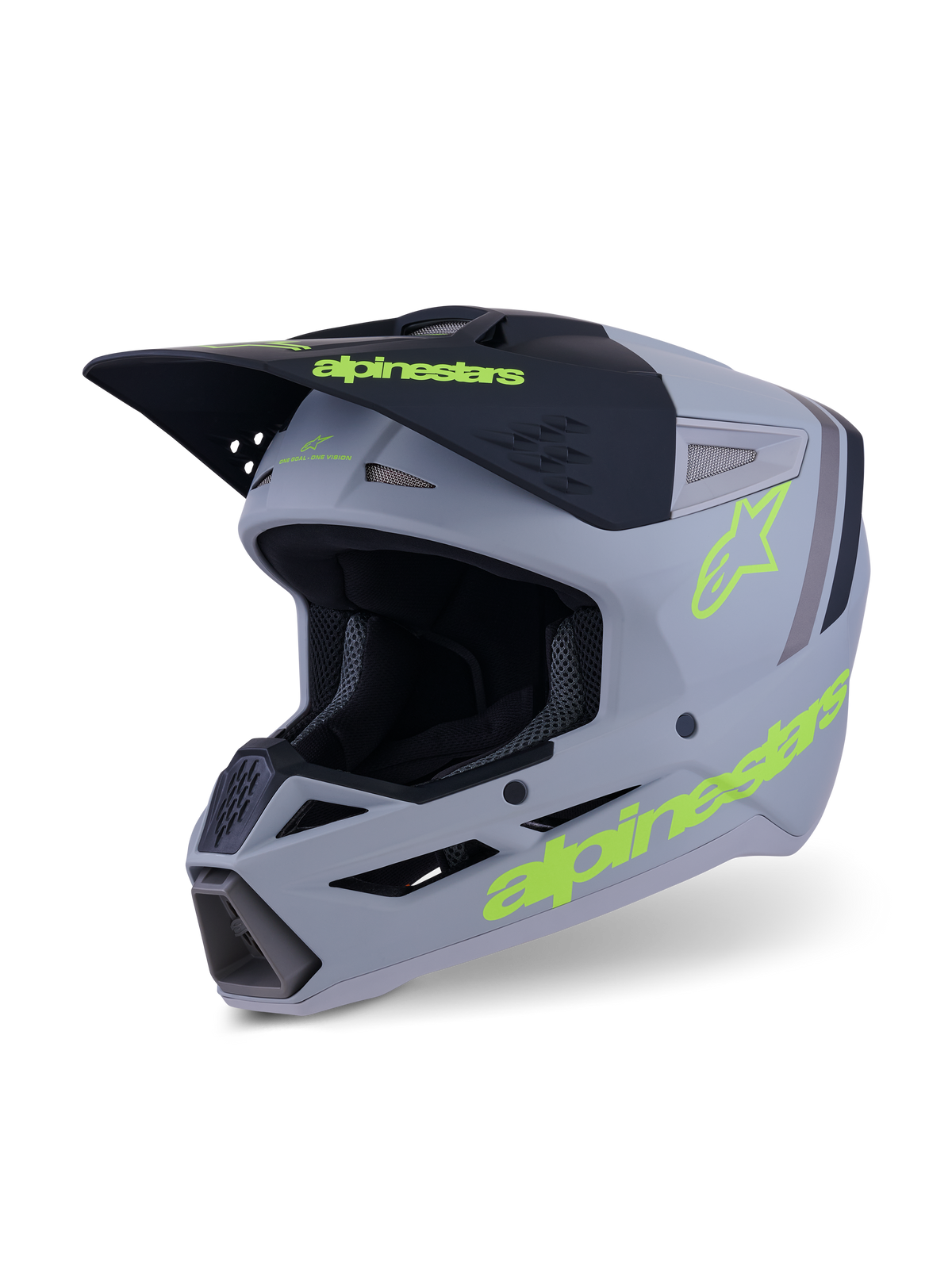 Alpinestars S-M3 Radium-hjälm, motocross- och endurohjälm, matt grå, svart och neongul fluo, vy snett framifrån som visar en aggressiv skaldesign, ventilerade luftintag och tydliga gula logotyper