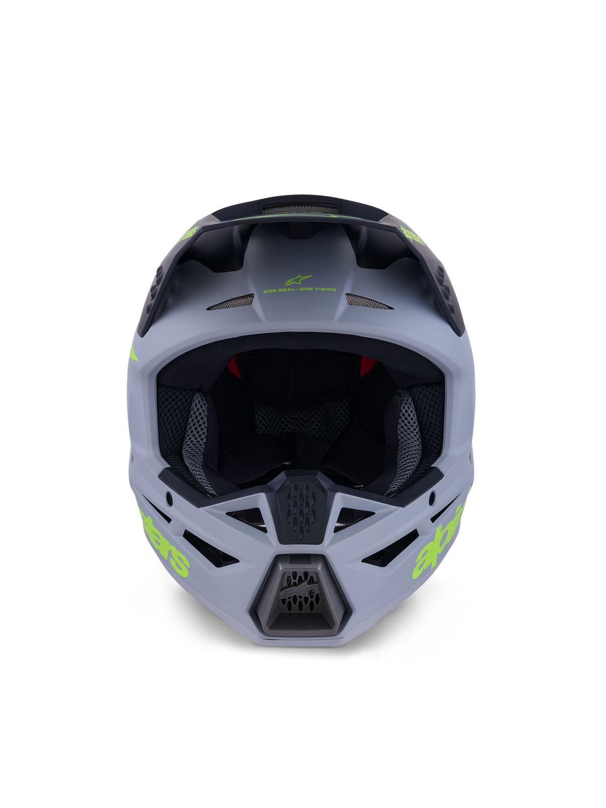 Alpinestars S-M3 Radium-hjälm, fullface-motocrosshjälm, mattgrön och svart med logotyper i neon gult, vy framifrån som framhäver ventilationsöppningar på haka och panna med en stor ansiktsöppning, professionell skyddsutrustning för terrängkörning.