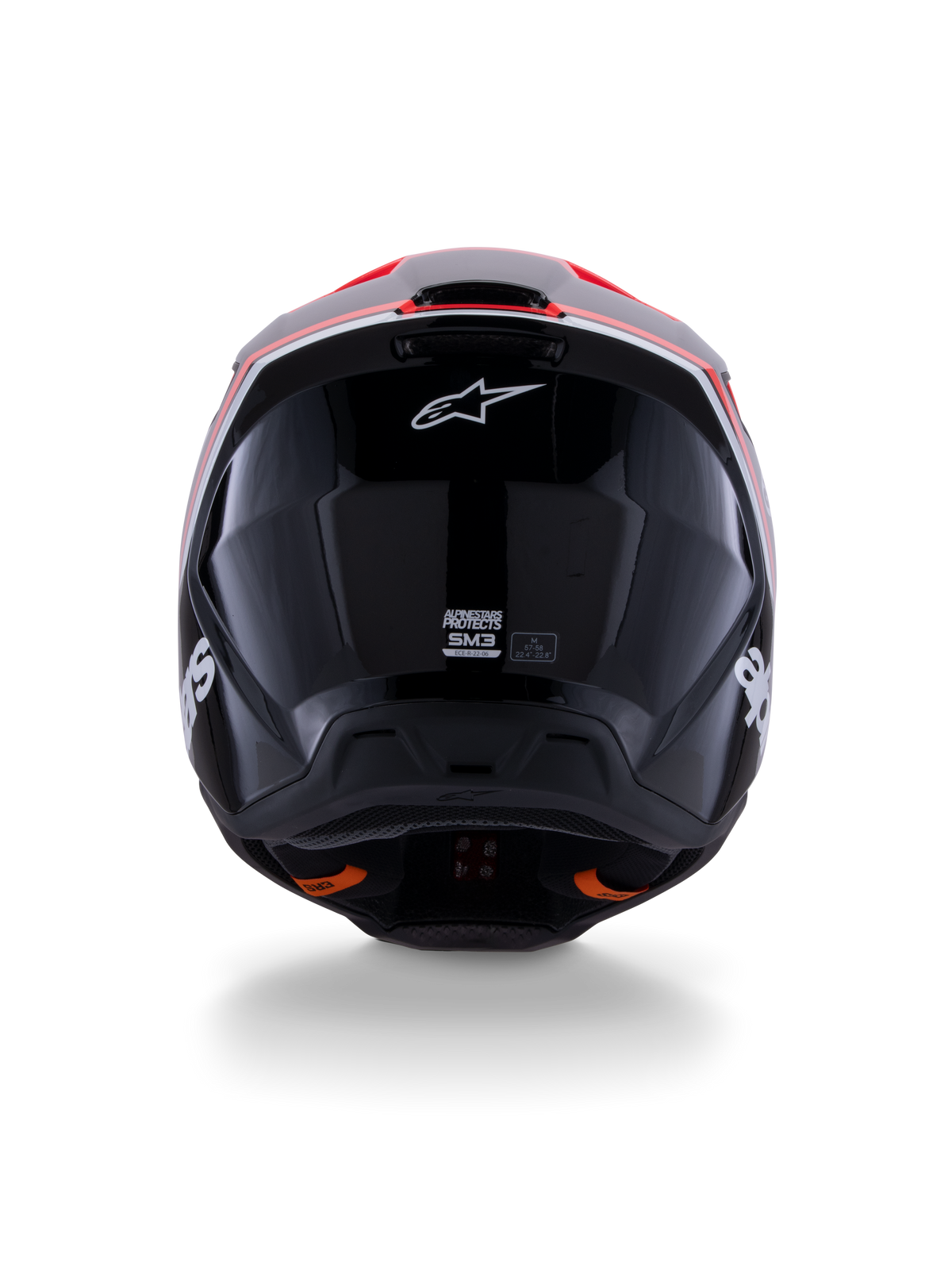 Alpinestars S-M3 Radium Helmet ECE 22.06, Motocross Helmet, Glossy Black with Red Fluo and White accents, rear view displaying the aerodynamic shell design, white star logo, and certification labels.