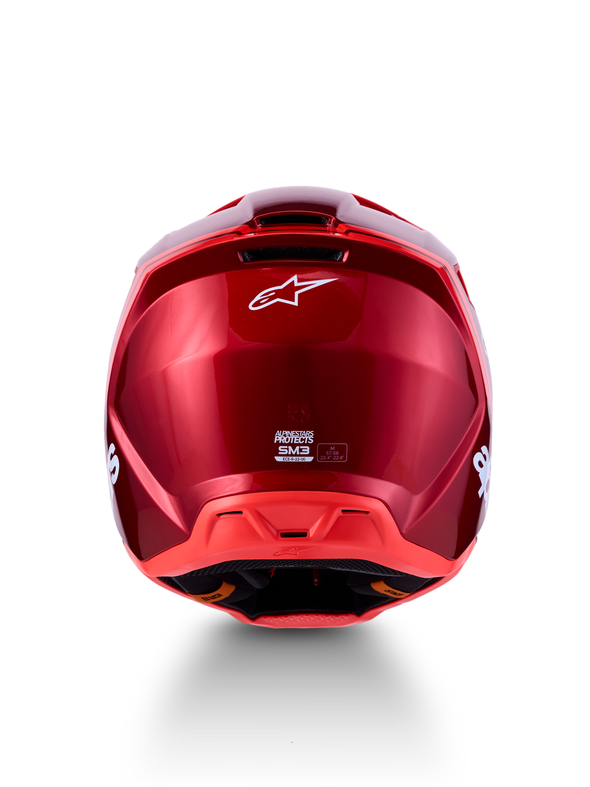 Alpinestars SM3 Radium hjälm ECE06, motocrosshjälm vy bakifrån, röd och röd fluo, ECE 22.06-certifierad, aerodynamisk design.