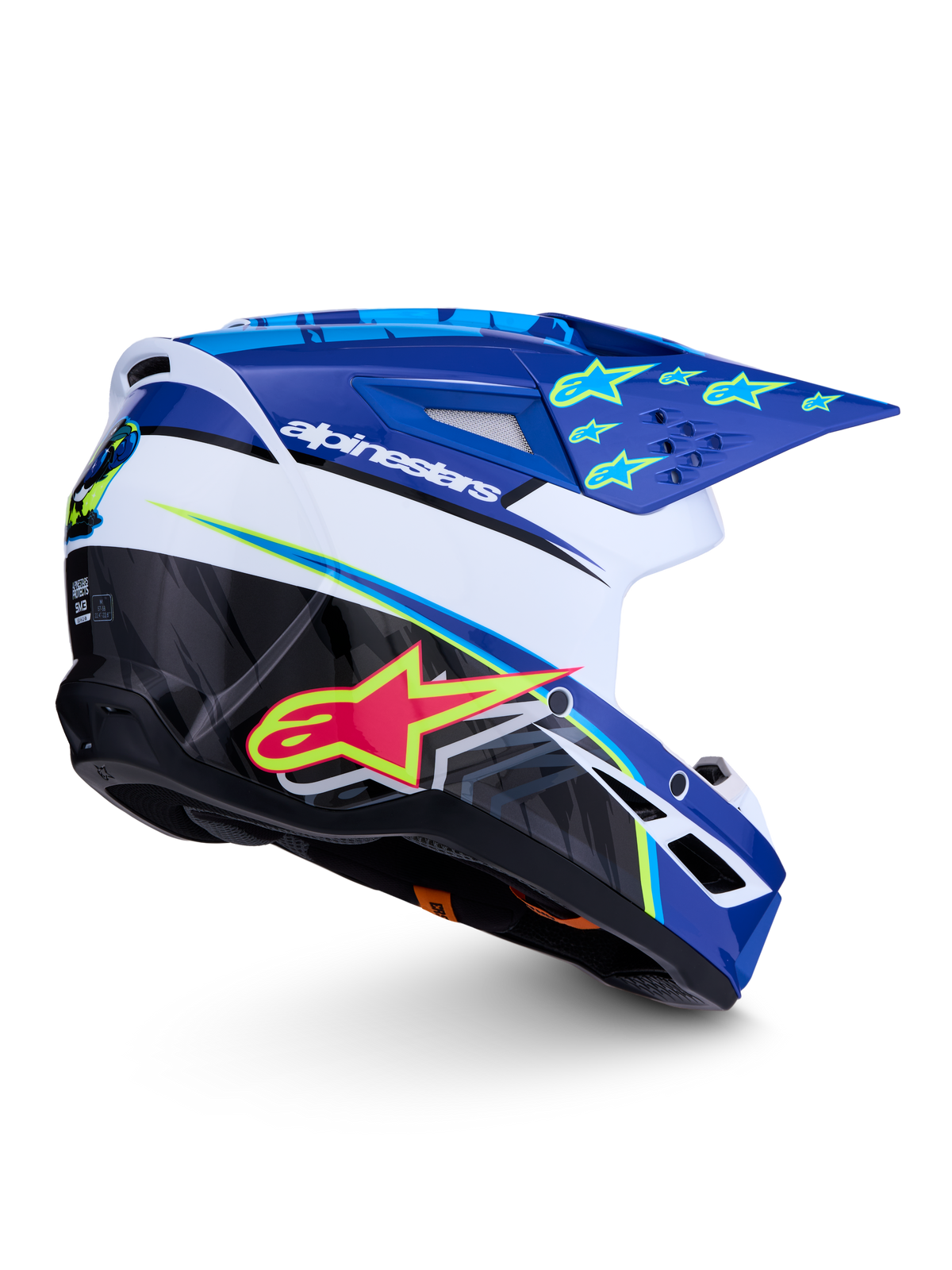 Alpinestars SM3 Falcon hjälm ECE06, blå, vit och svart motocrosshjälm med neongula detaljer och blank finish.