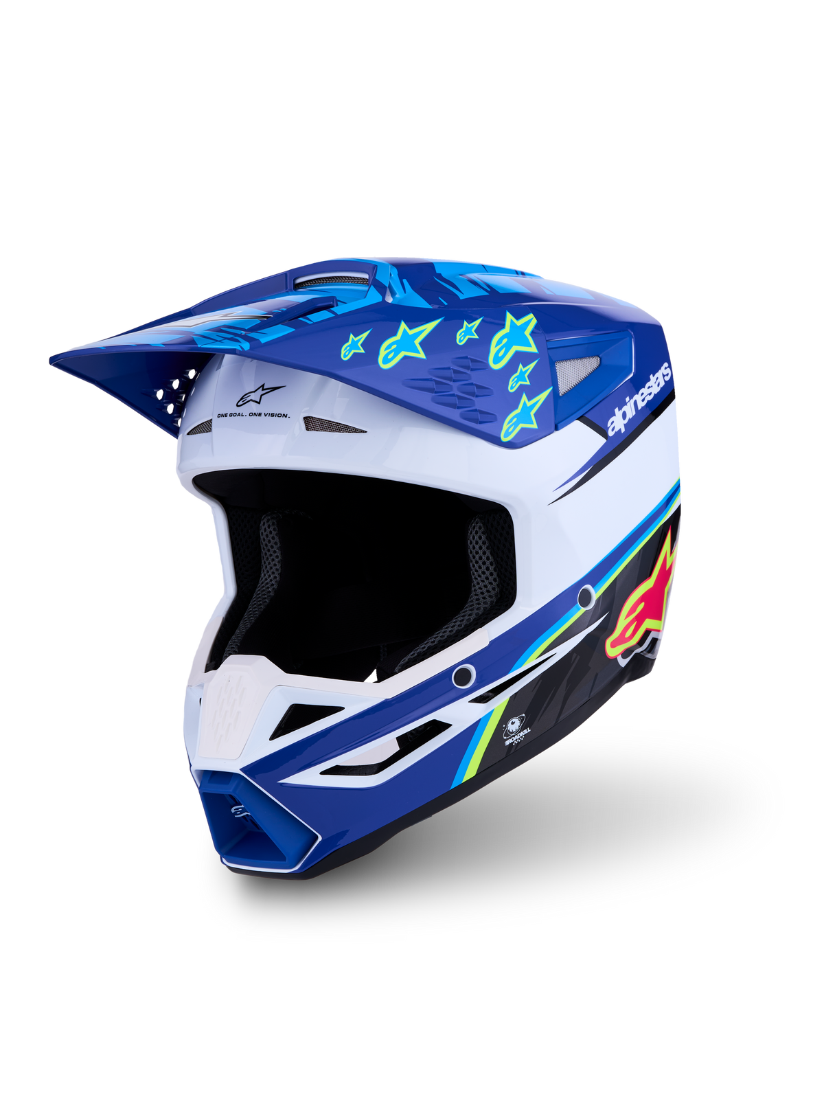 Alpinestars SM3 Falcon hjälm, blå och vit motocrosshjälm med gul stjärngrafik, ECE 22.06-certifierad.