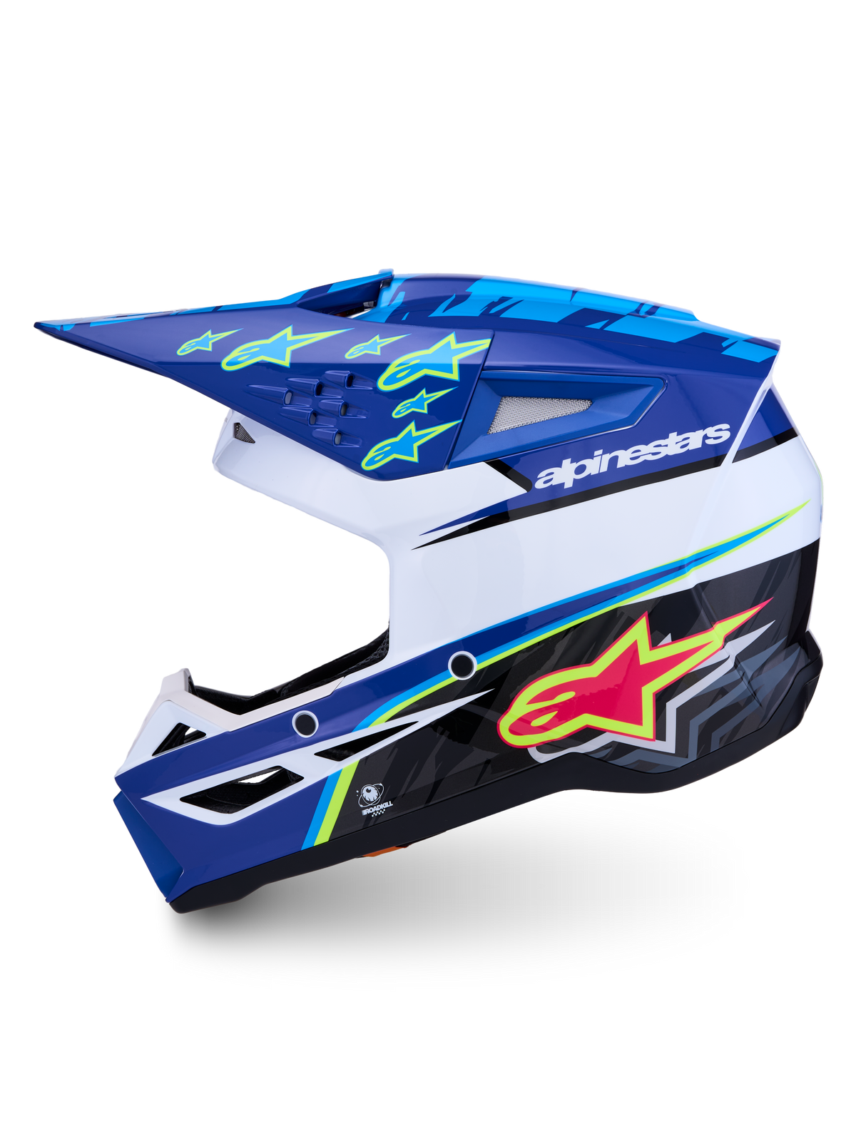 Alpinestars SM3 Falcon hjälm ECE06, blank motocrosshjälm i blått och vitt med rosa och neongul grafik, professionell off-road-hjälm för motocross och enduro, ECE 22.06-homologerad.
