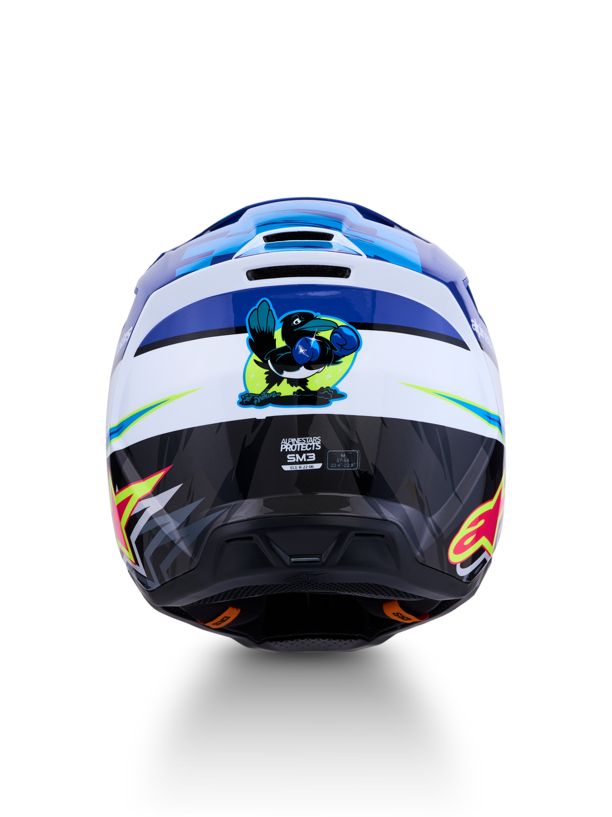 Alpinestars SM3 Falcon hjälm ECE06, blå och vit motocrosshjälm, vy bakifrån med boxande fågelgrafik och synlig ECE-certifiering, designad för terrängkörning.