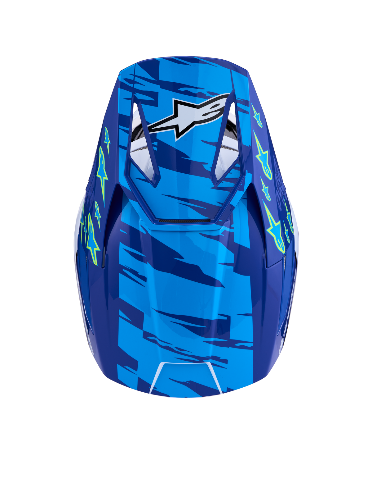Alpinestars SM3 Falcon hjälm ECE06, blå och gul fluo motocrosshjälm sedd uppifrån, ECE 2206-certifierad med ventilerat visir.