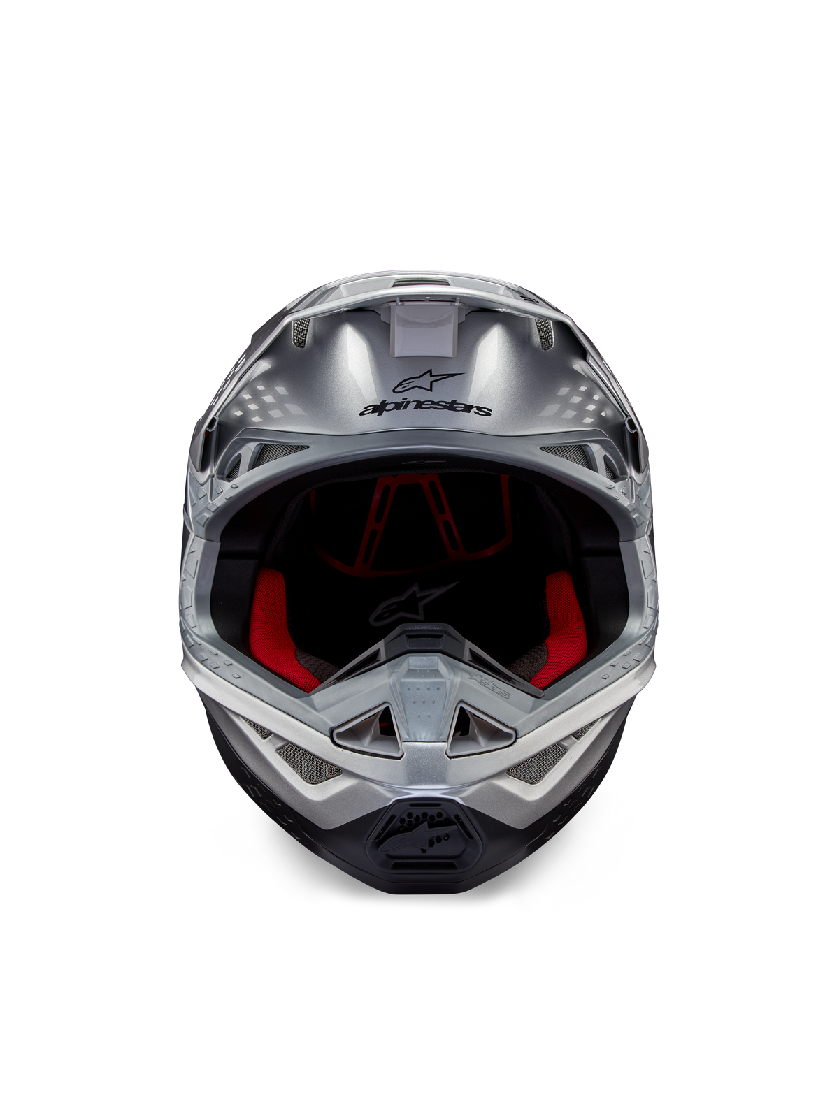 Alpinestars Supertech M10 Flood ECE 22.06-hjälm, motocrosshjälm, silver, svart och neonorange, framifrån med ett aerodynamiskt skal, bred öppning med röd innerstoppning, svart Alpinestars-logotyp och ventilerat hakparti för terrängkörning
