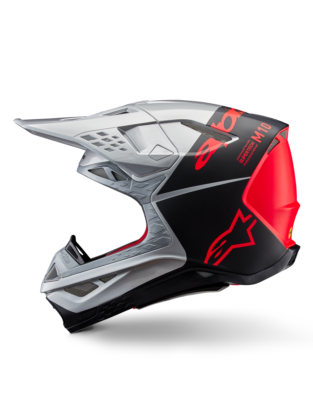 Alpinestars Supertech M10 Flood-hjälm, motocrosshjälm, silver och svart med fluorescerande orangea detaljer, sidoprofil, smäcker aerodynamisk design med ventilationsöppningar, matt och glansig finish, professionellt skydd för terrängkörning