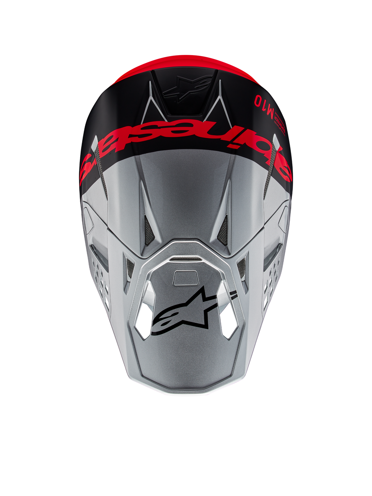 Alpinestars Supertech M10 Flood ECE 22.06-hjälm, motocrosshjälm, silver och svart med fluorescerande orange, vy uppifrån som visar tydlig logotyp över hjässan, svart Astars-logotyp på visiret, strömlinjeformad aerodynamisk profil med ventilationsöppningar, matta och glansiga texturer.