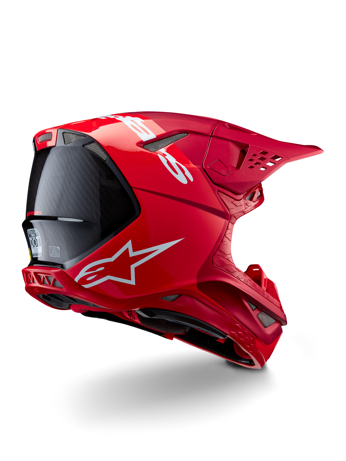 Alpinestars Supertech M10 Flood hjälm, motocrosshjälm, röd och fluo-röd, matt och glansig finish, bakre profilvy med vit Alpinestars-logotyp och kolfiberdetaljer, aerodynamisk design med flera ventilationsöppningar, högpresterande huvudskydd för terrängkörning