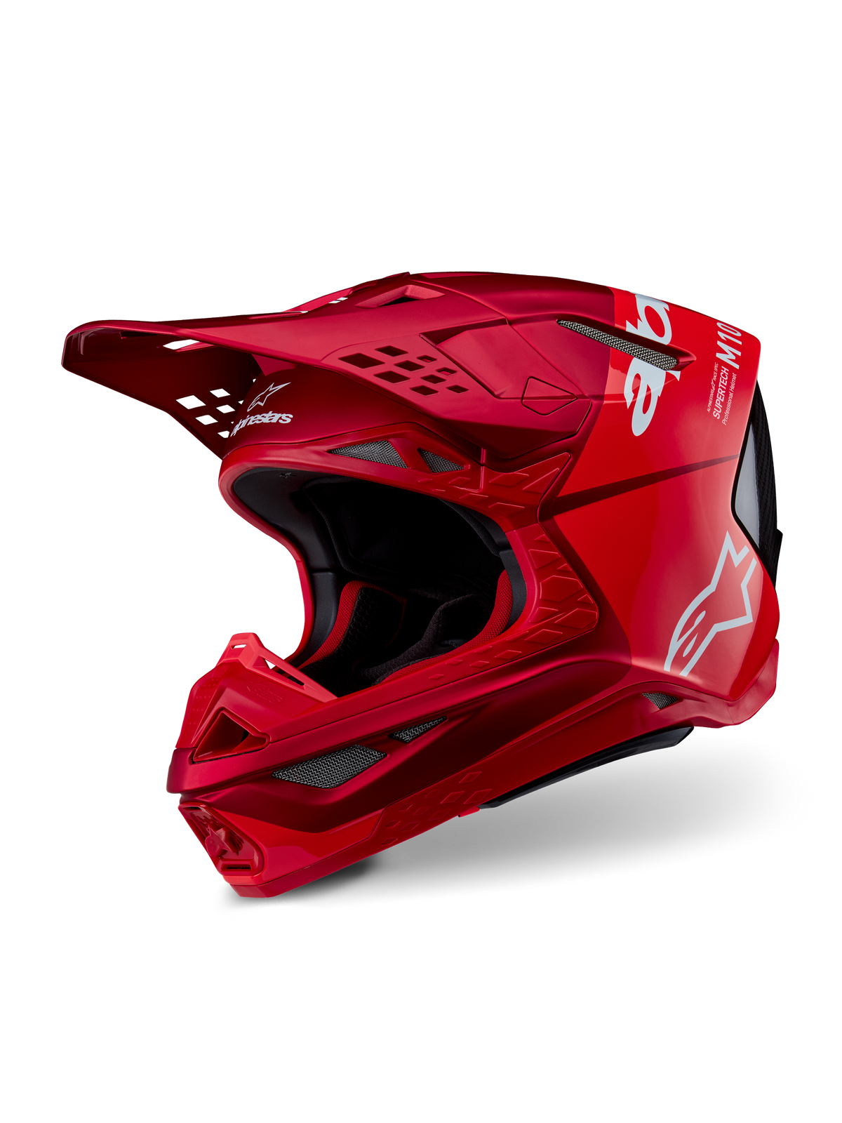 Alpinestars Supertech M10 Flood hjälm, motocrosshjälm, röd och fluoröd matt och glansig, med vita Alpinestars-logotyper, aerodynamisk profil med flera ventilationsöppningar, lätt kolfiberkompositskal för terrängkörning