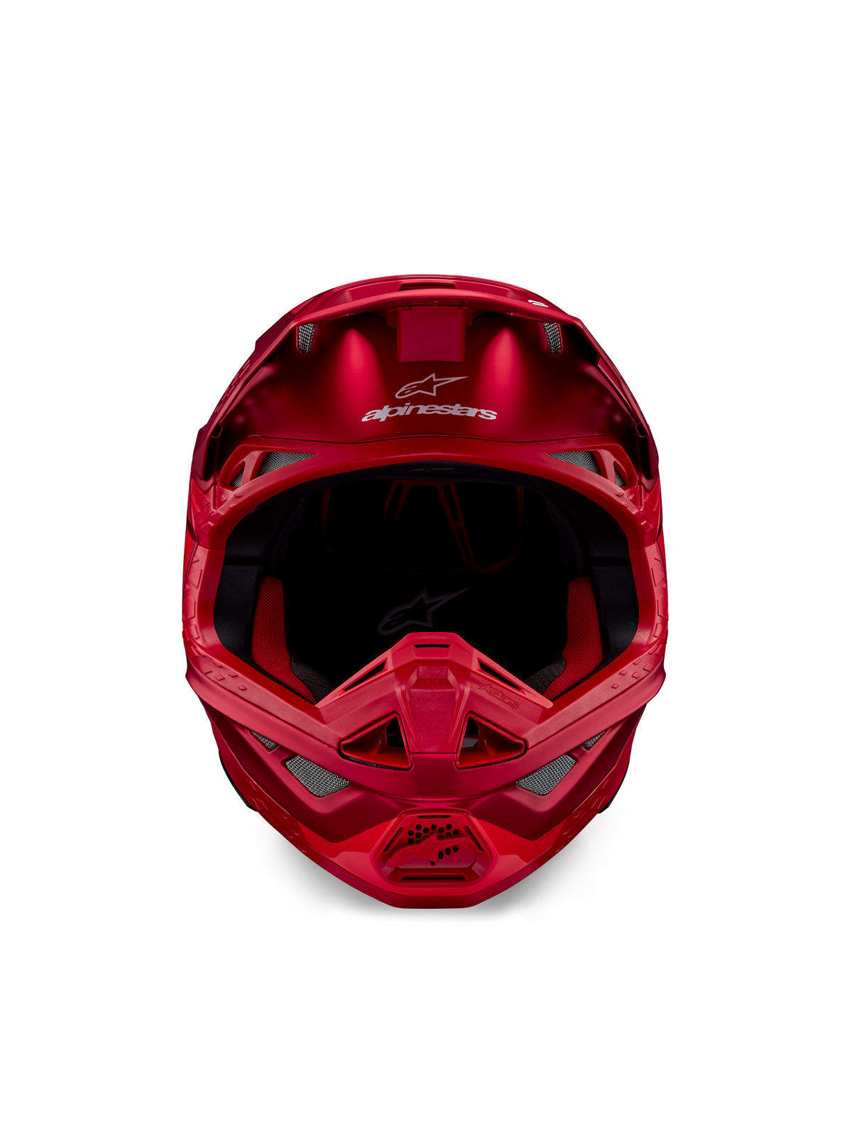 Alpinestars Supertech M10 Flood-hjälm, motocrosshjälm, röd fluo och röd matt/glansig, vy framifrån som visar aerodynamisk profil med flera ventilationsöppningar, Alpinestars-logotyp i pannan och rött innerfoder, professionell terrängracingutrustning