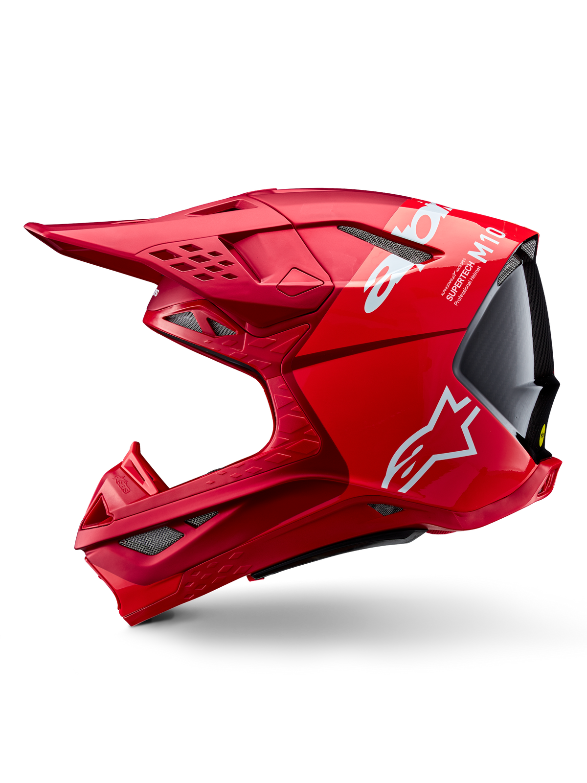 Alpinestars Supertech M10 Flood ECE 22.06 hjälm, motocrosshjälm, röd och fluo-röd med matt och glansig finish, sidoprofil som visar aerodynamisk skaldesign, flera ventilationsöppningar och vit Alpinestars-logotyp.