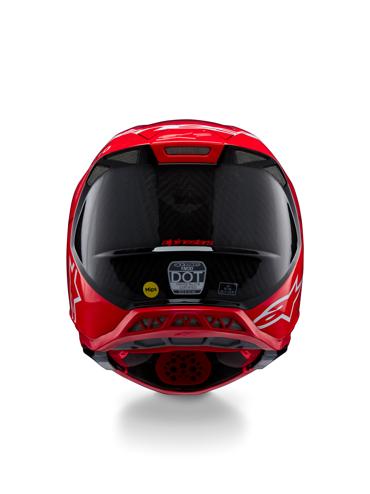 Alpinestars Supertech M10 Flood ECE 22.06-hjälm, baksida, röd fluorescerande röd matt och glansig, motocrosshjälm med synlig kolfibertextur, MIPS- och DOT-certifieringsdekaler och aerodynamiska ventilationsportar.