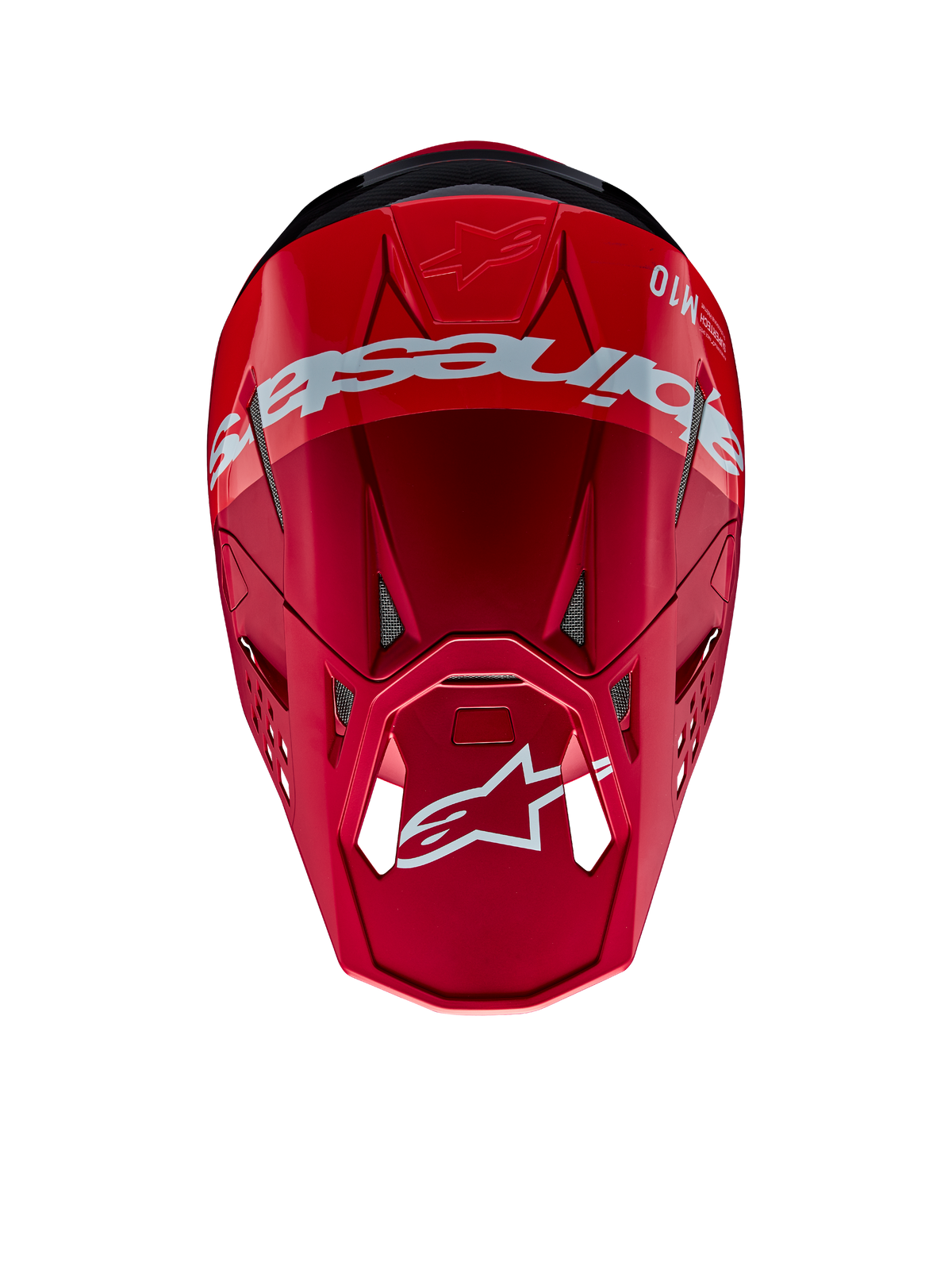 Alpinestars Supertech M10 Flood-hjälm, motocrosshjälm, röd och fluoröd med matt och glansig finish, perspektiv uppifrån som visar tydlig Alpinestars-branding och logotyp, avancerat aerodynamiskt skal med integrerade ventilationsportar för terrängkörning
