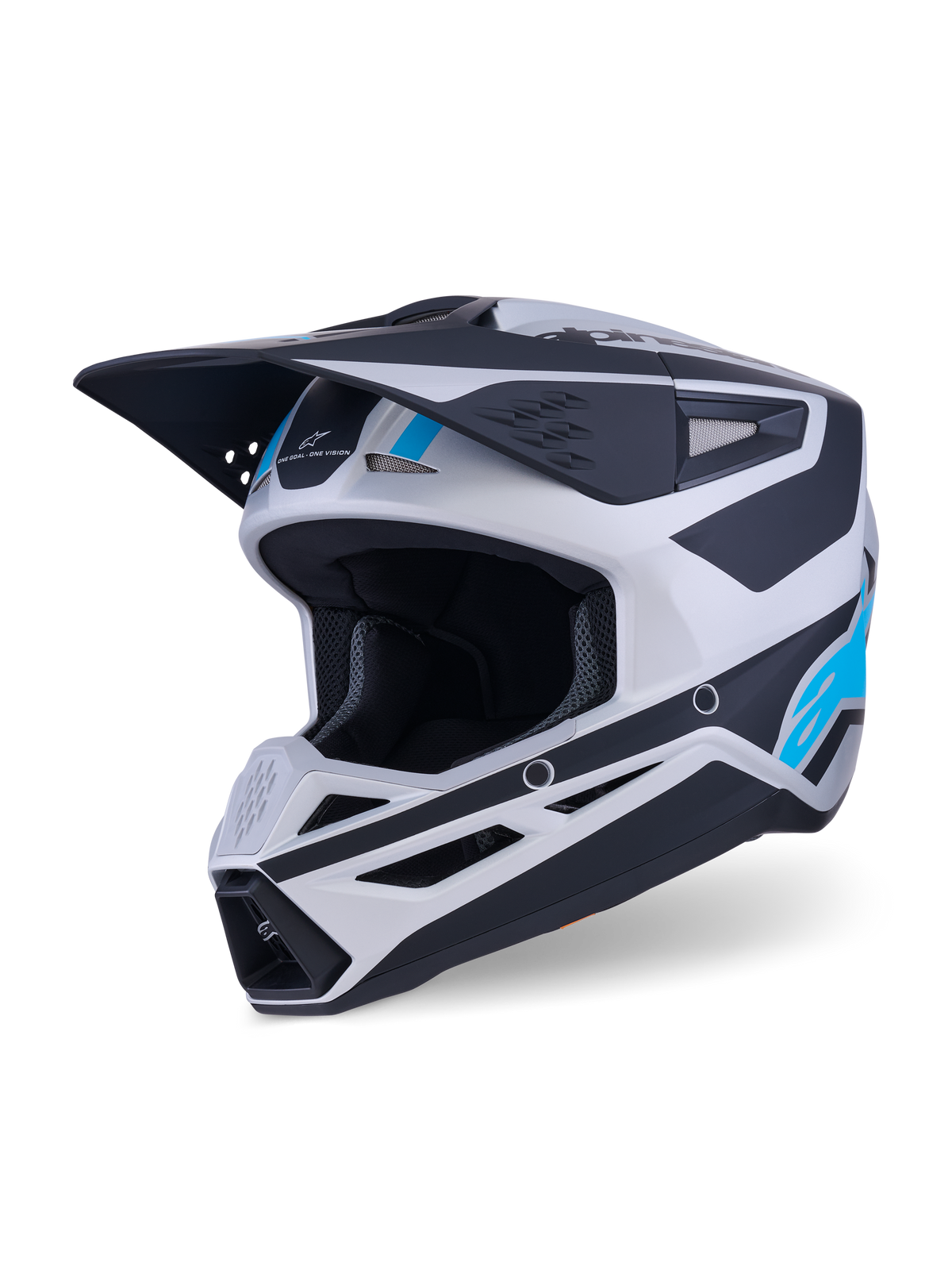 Alpinestars S-M3 Heat-hjälm, motocrosshjälm, matt silver, blå och svart, med ett aerodynamiskt visir, flera ventilationsöppningar och djärva grafiska accenter, skyddsutrustning för terrängkörning