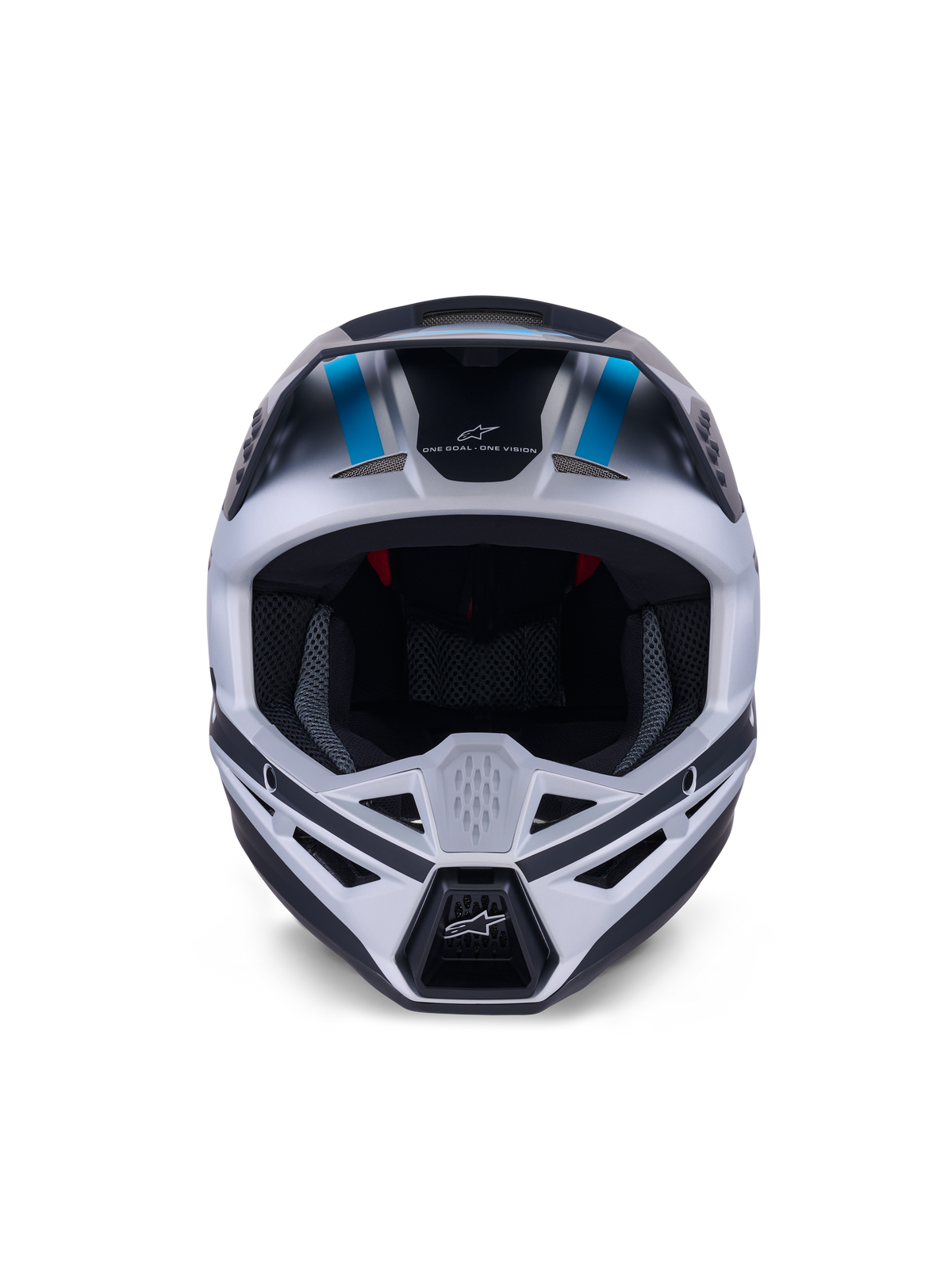 Alpinestars S-M3 Heat-hjälm, motocrosshjälm, silver, blå och mattsvart, vy framifrån som framhäver ventilationssystemet, stort synfält och invändig nätvaddering, med märkets slogan 'ONE GOAL ONE VISION' på pannan.