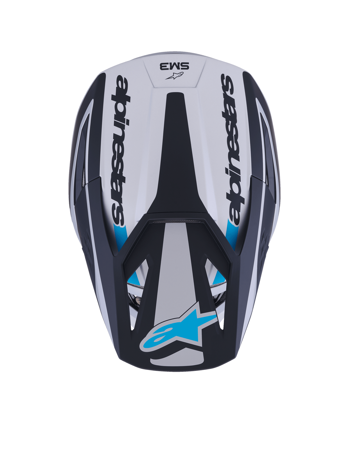 Alpinestars S-M3 Heat-hjälm, motocrosshjälm, vy ovanifrån, silver, blå och mattsvart, med Alpinestars ordmärke på sidorna, blå Astar-logotyp på visirskärmen och aerodynamisk skaldesign med matt yta.