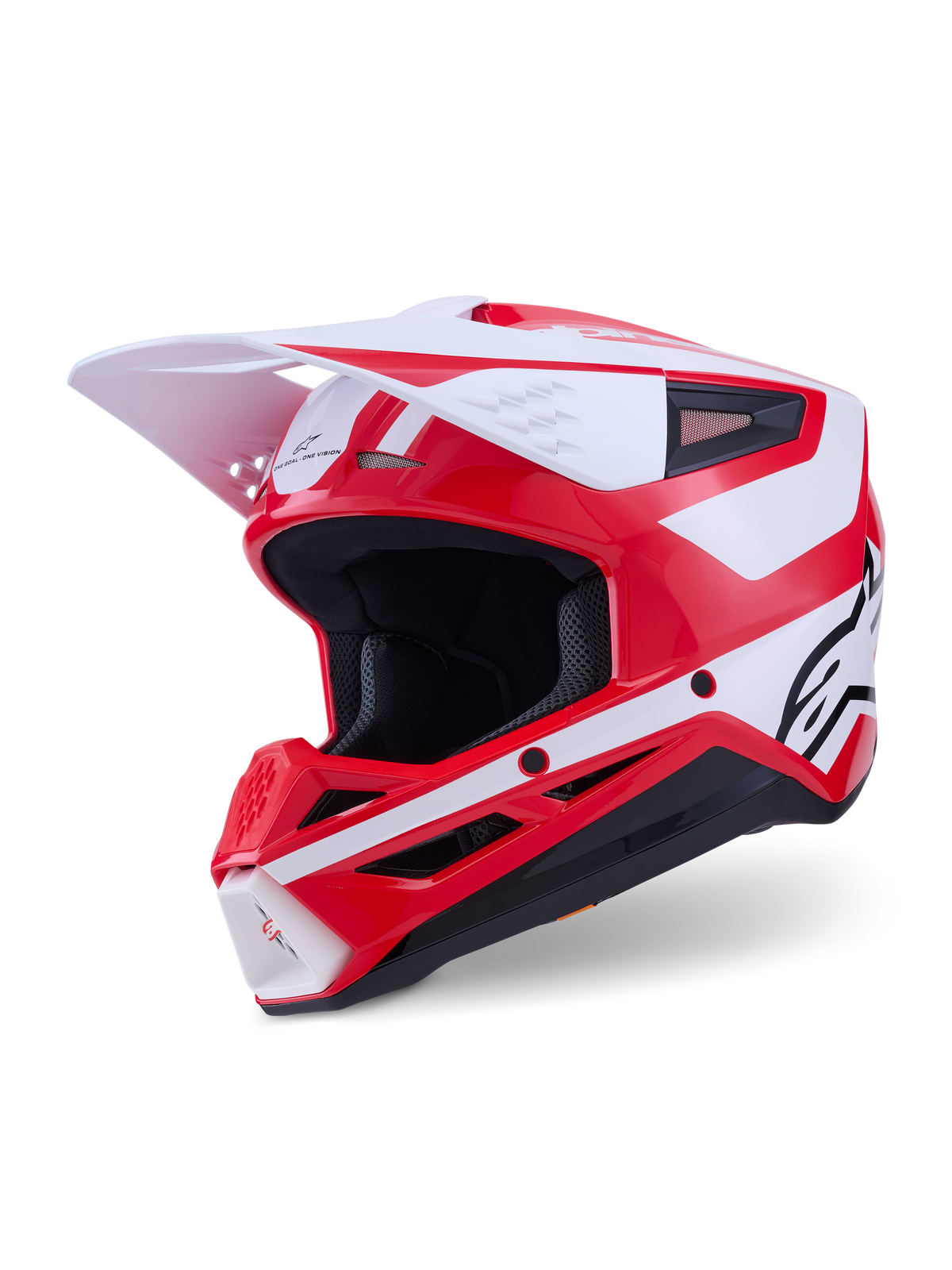 Alpinestars S-M3 Heat motocrosshjälm, röd och vit, ECE 22.06-certifierad med vit skärm och glansig finish.